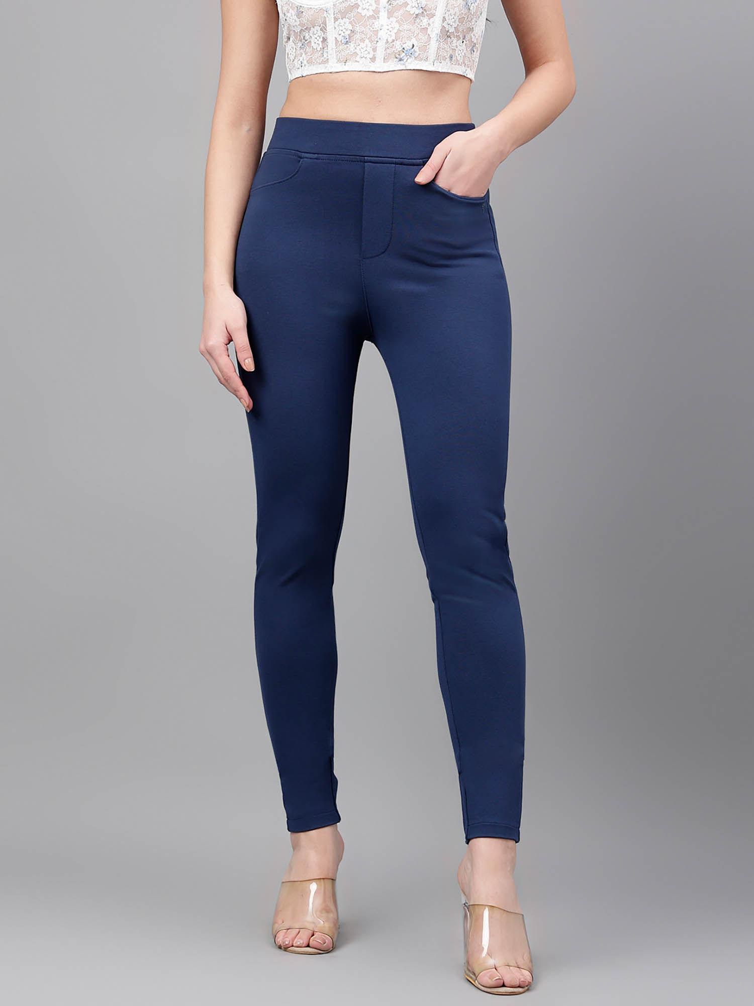 women navy solid flexible slim fit trouser