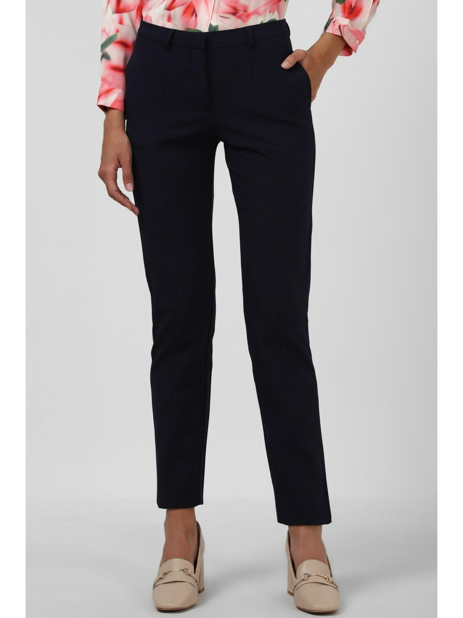 women navy solid formal regular fit trousers