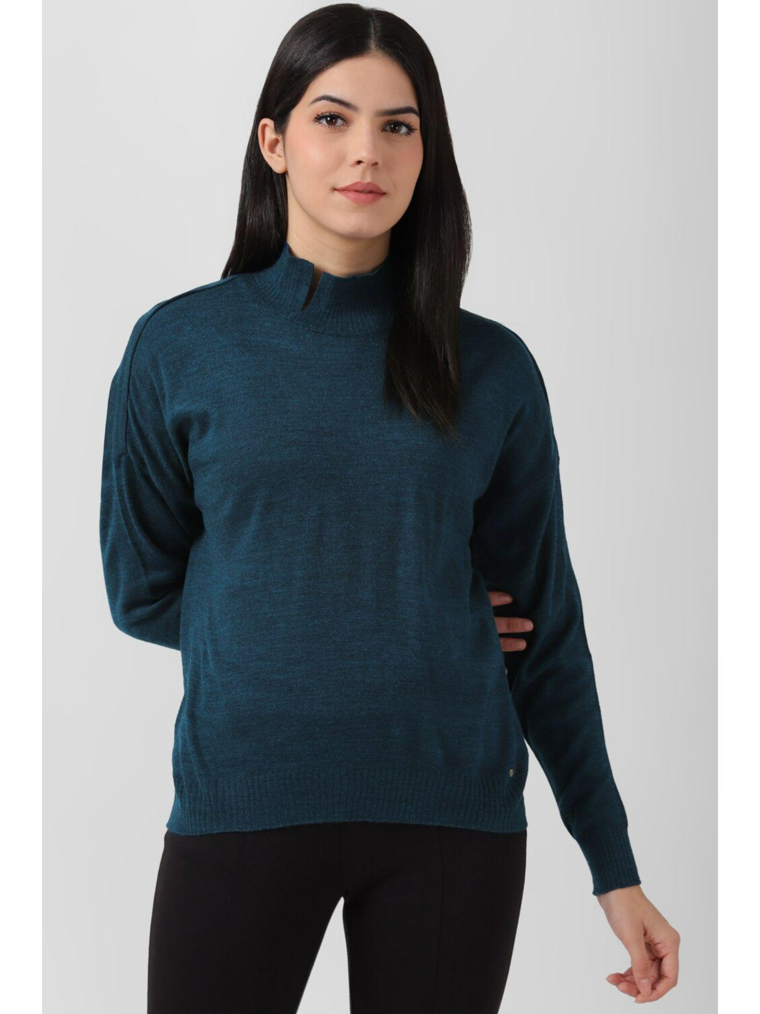 women navy solid high neck sweater