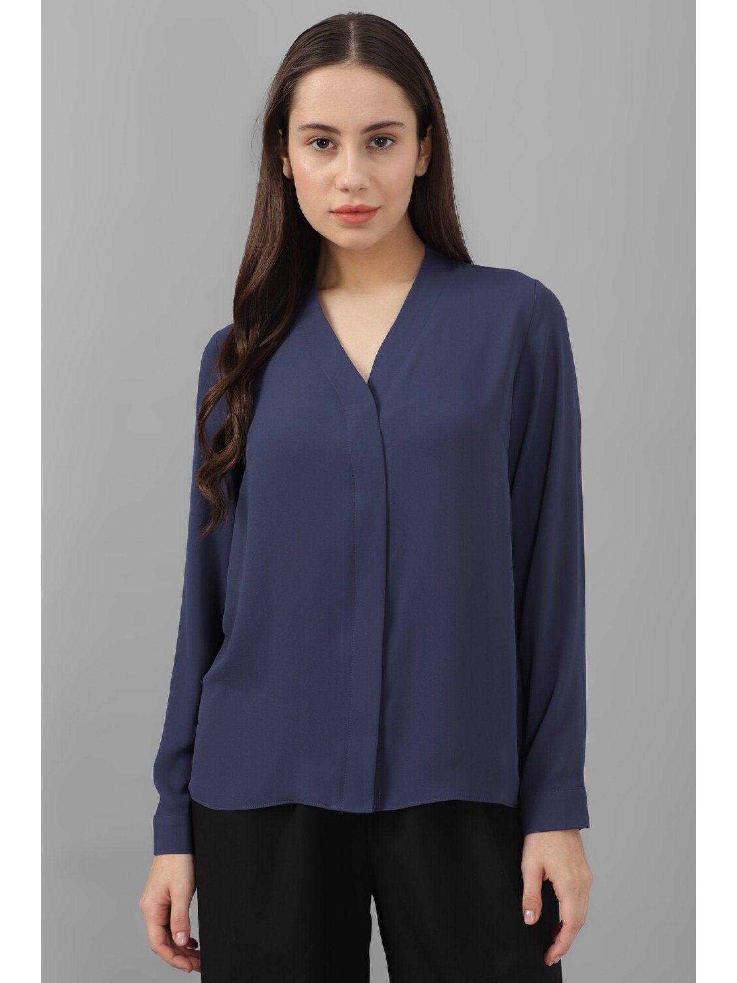 women navy solid long sleeves shirt