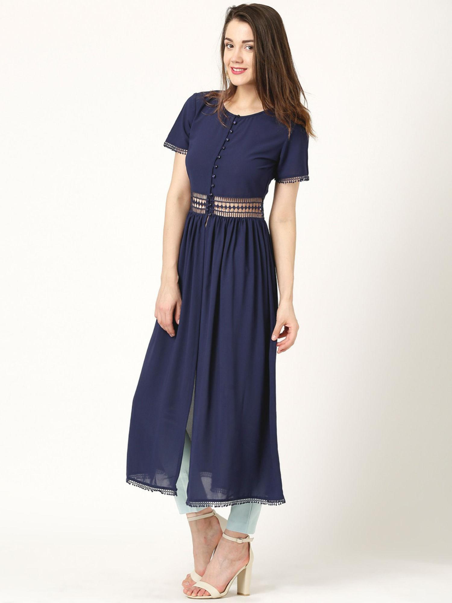 women navy solid midi dress