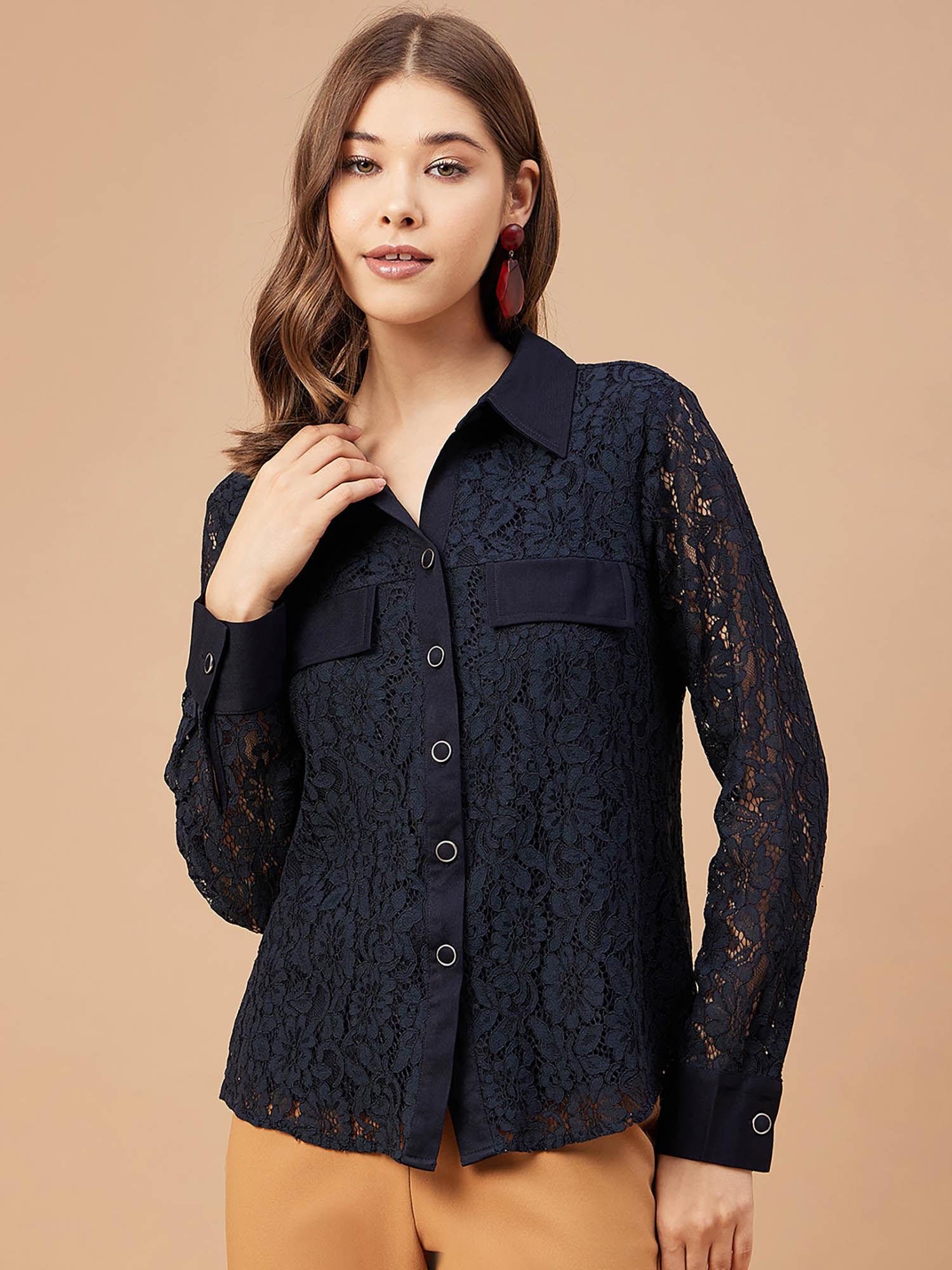 women navy solid net fabric bishop sleeve collar neck shirt