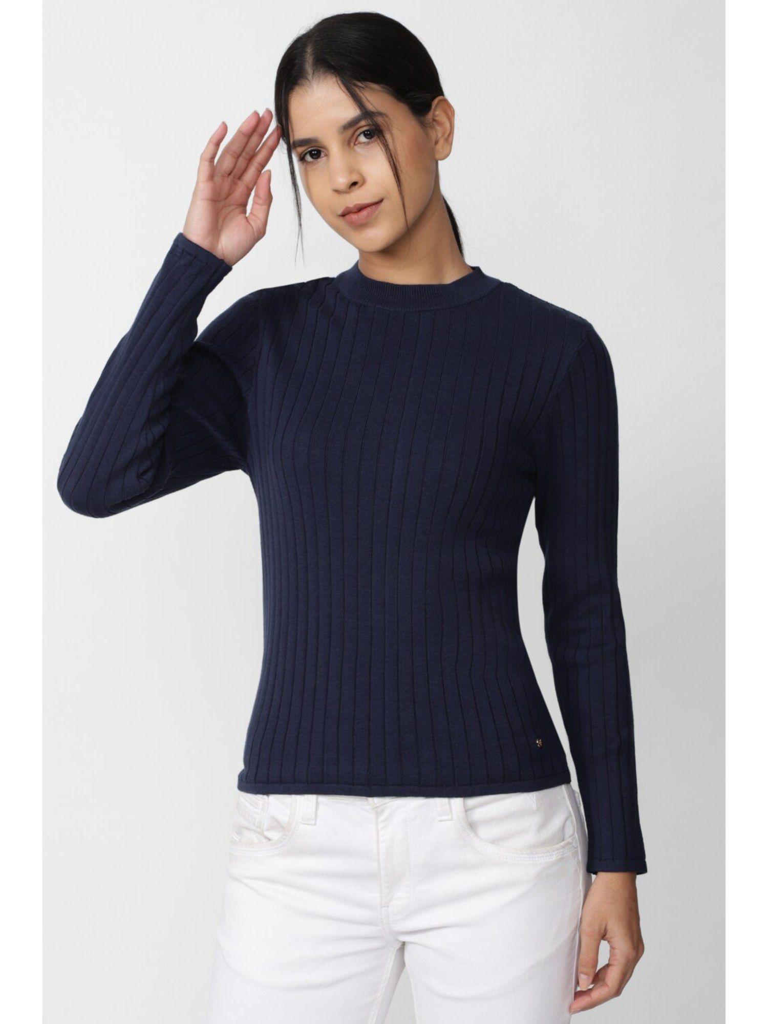 women navy solid plain casual round neck t-shirts