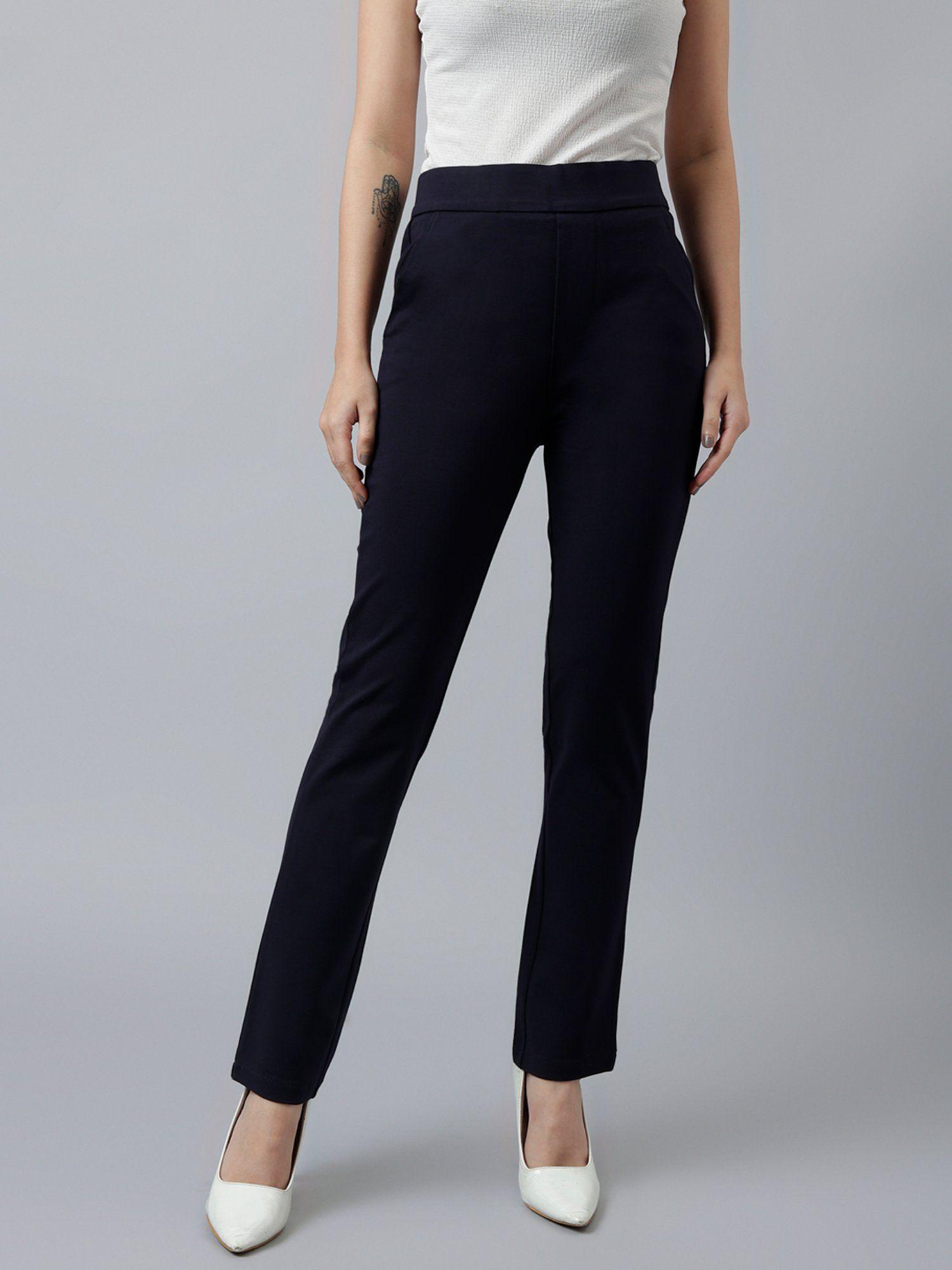 women navy solid slim fit high rise trouser