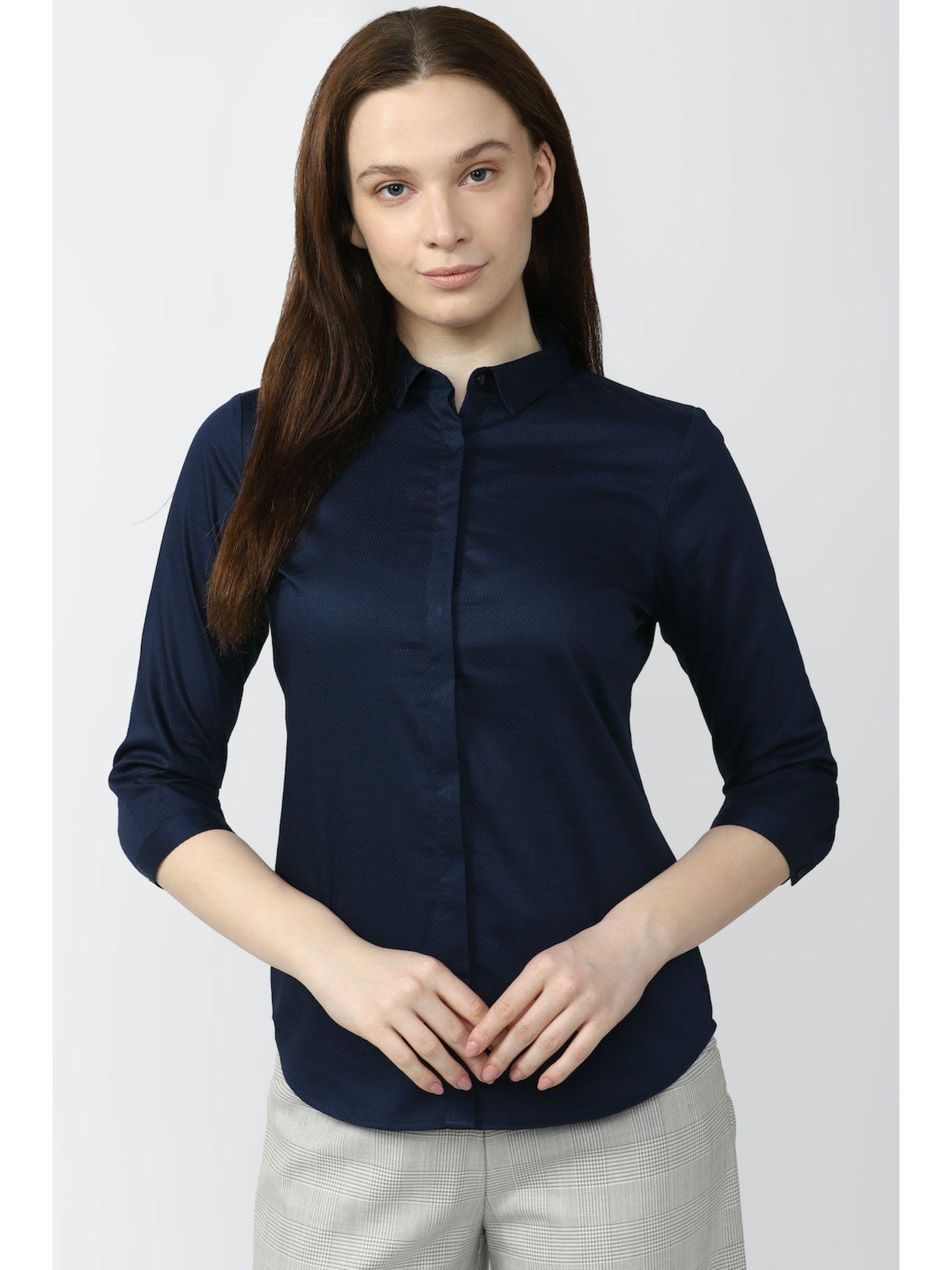 women navy solid three fourth sleeves casual shirt