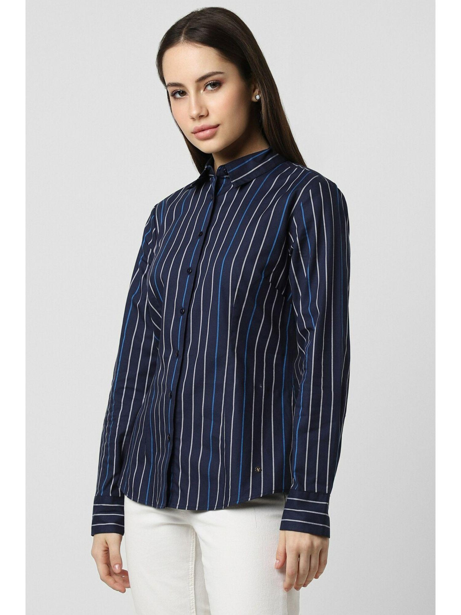 women navy stripe long sleeves formal shirt