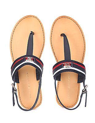 women navy striped logo t-strap sandals