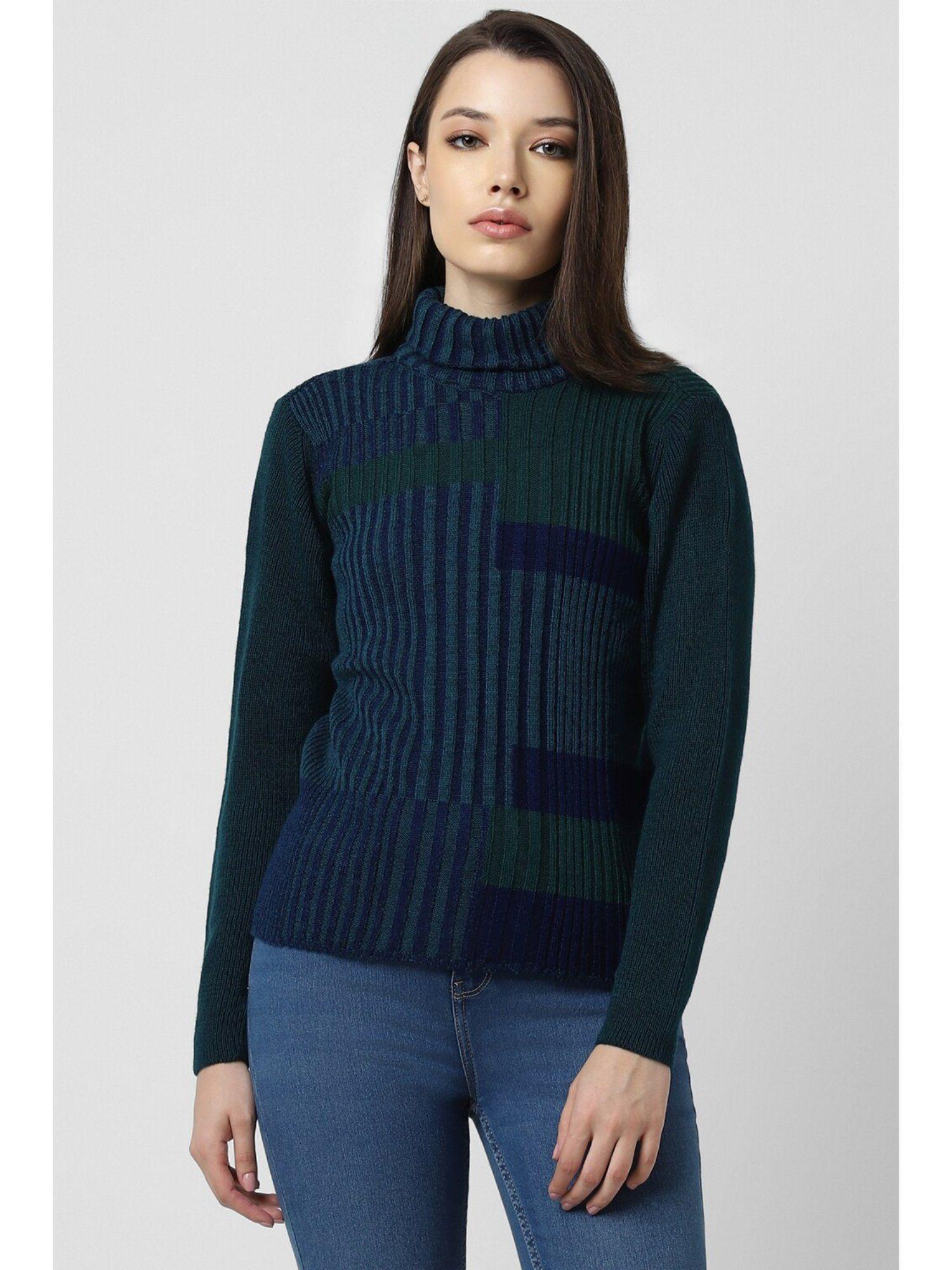 women navy stripes turtle neck sweater