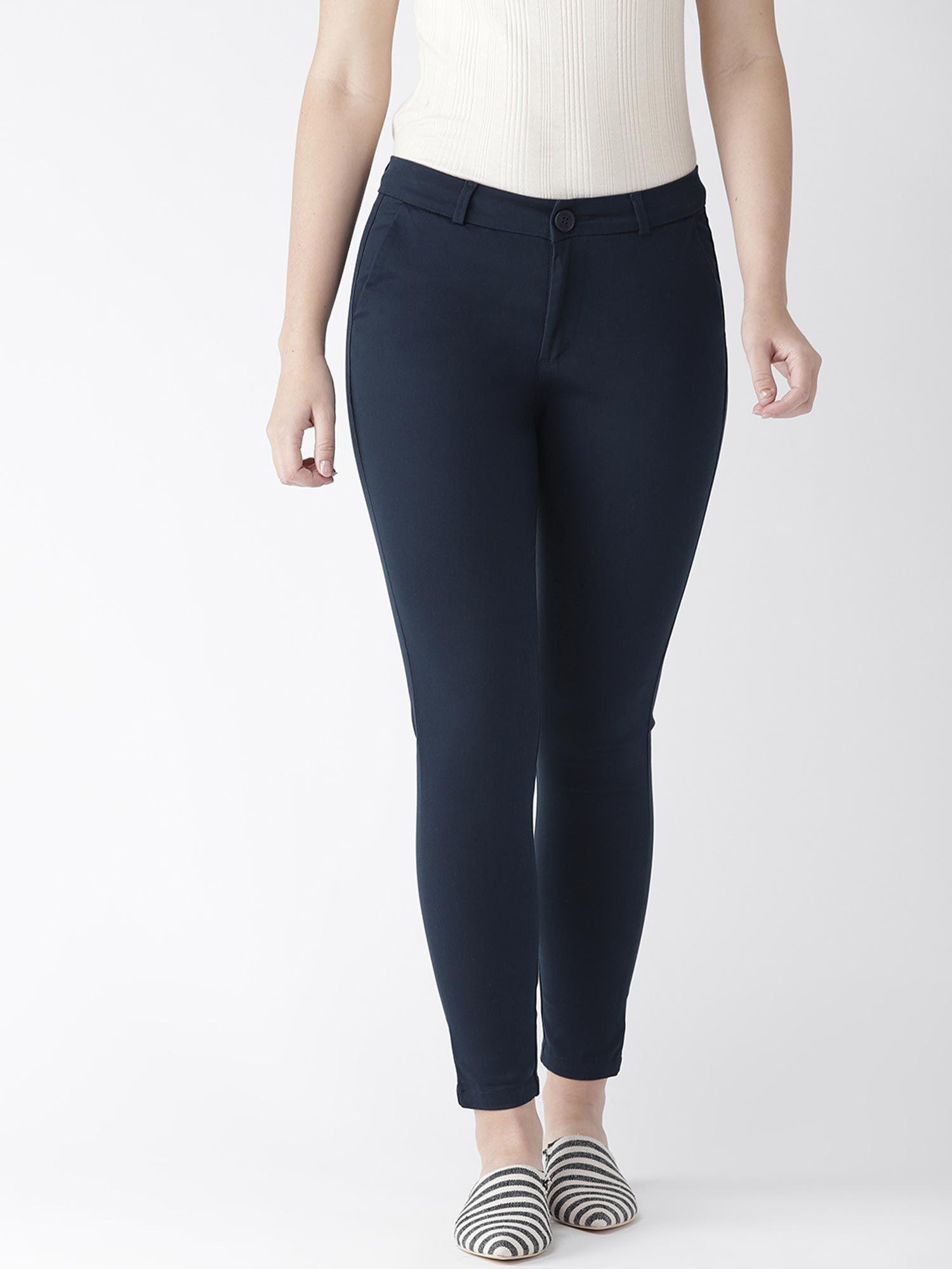 women navyblue tapered fit skinny formal trousers