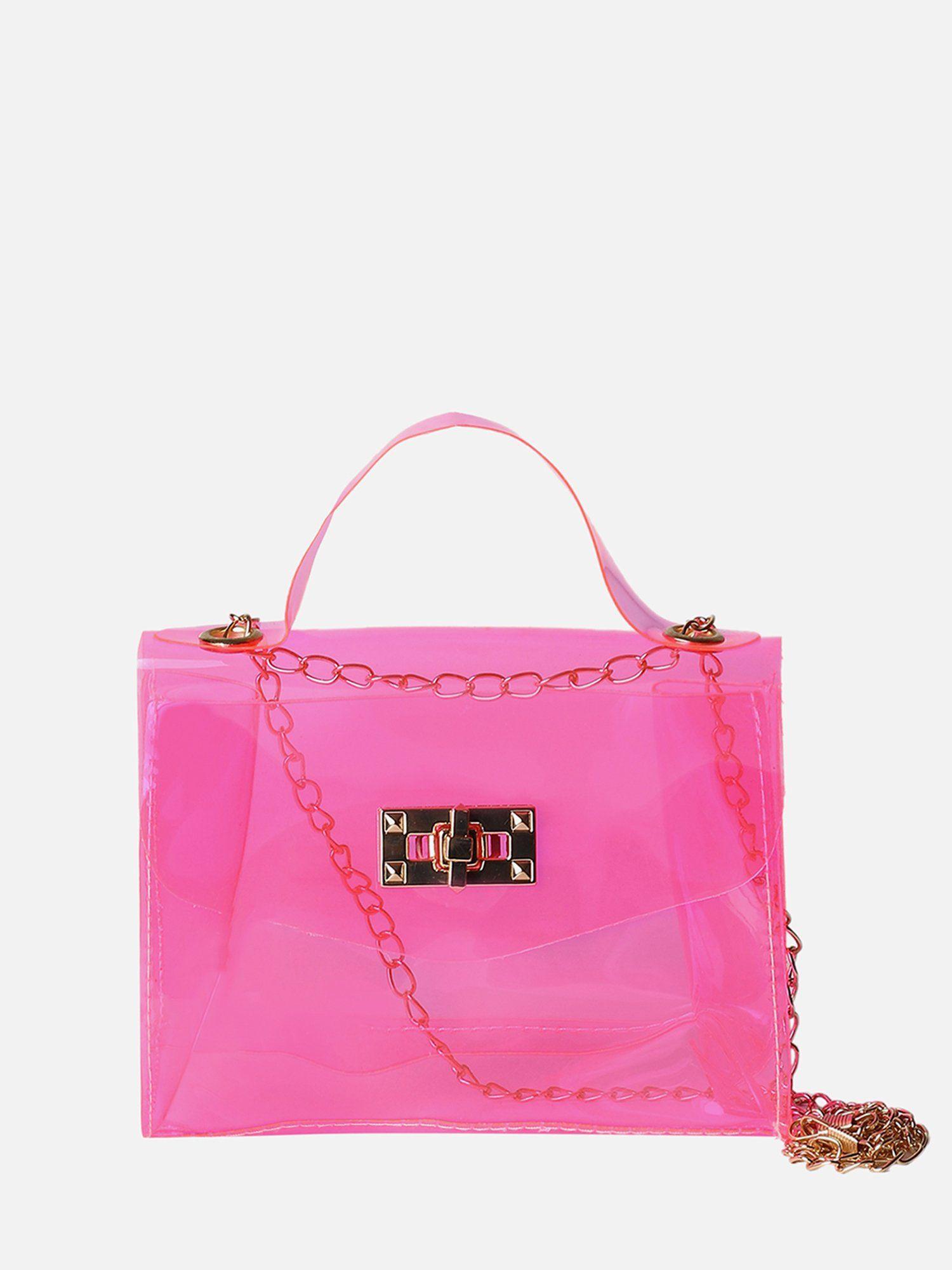 women neon pink trandparent sling bag