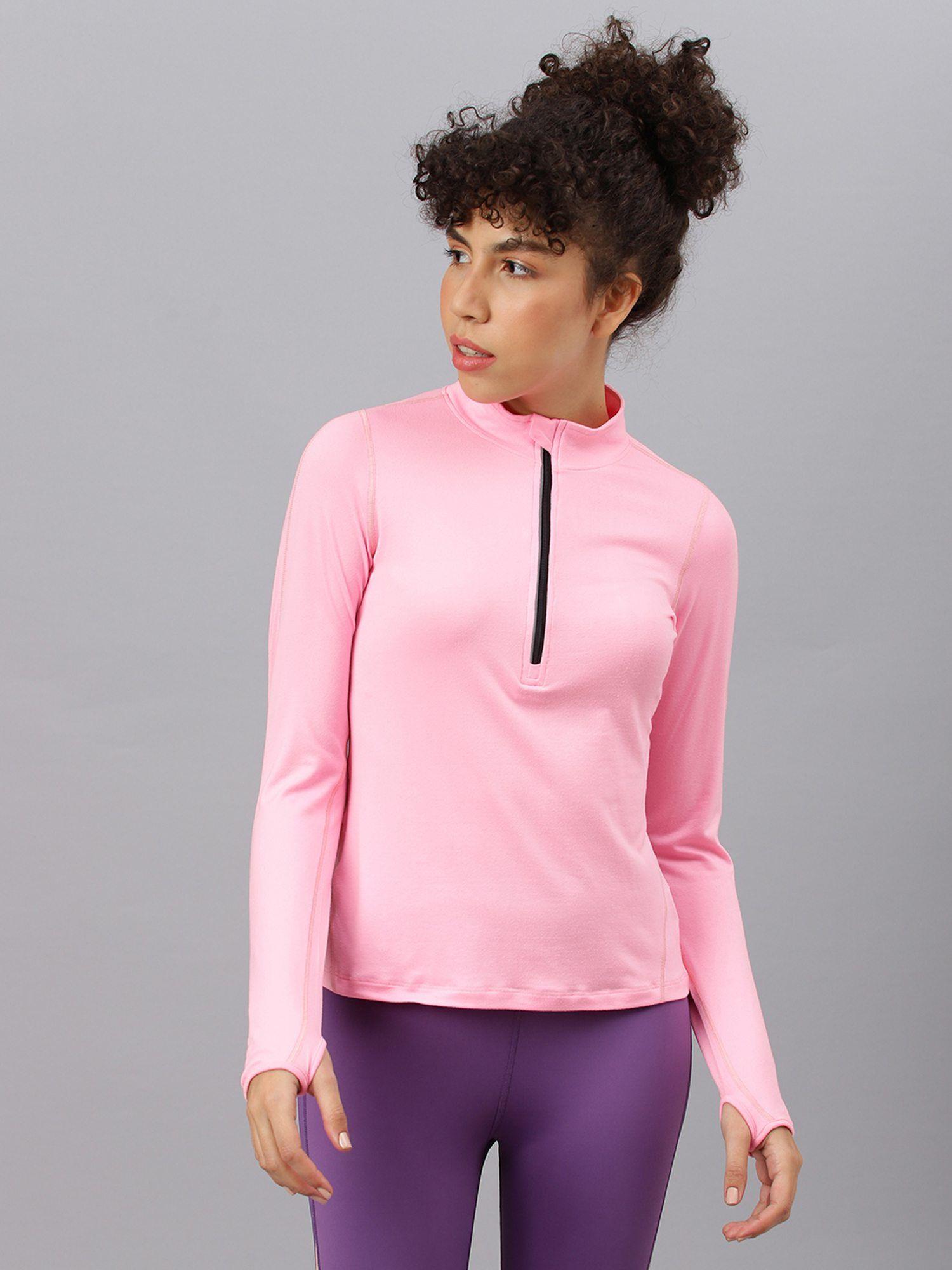 women neon pink zipper high neck t-shirt