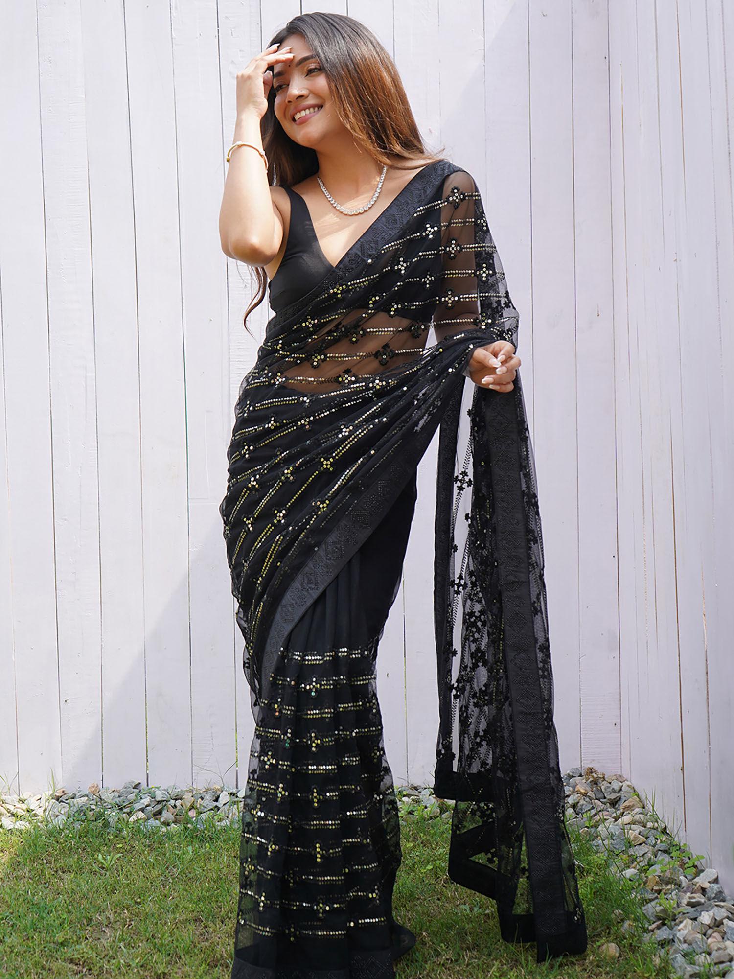women net black embellished designer saree with unstitched blouse
