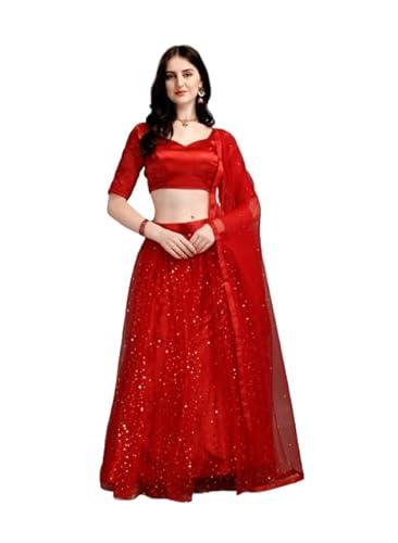 women net semi-stitched v neck half sleeve lehenga choli with dupatta set (free size, red)