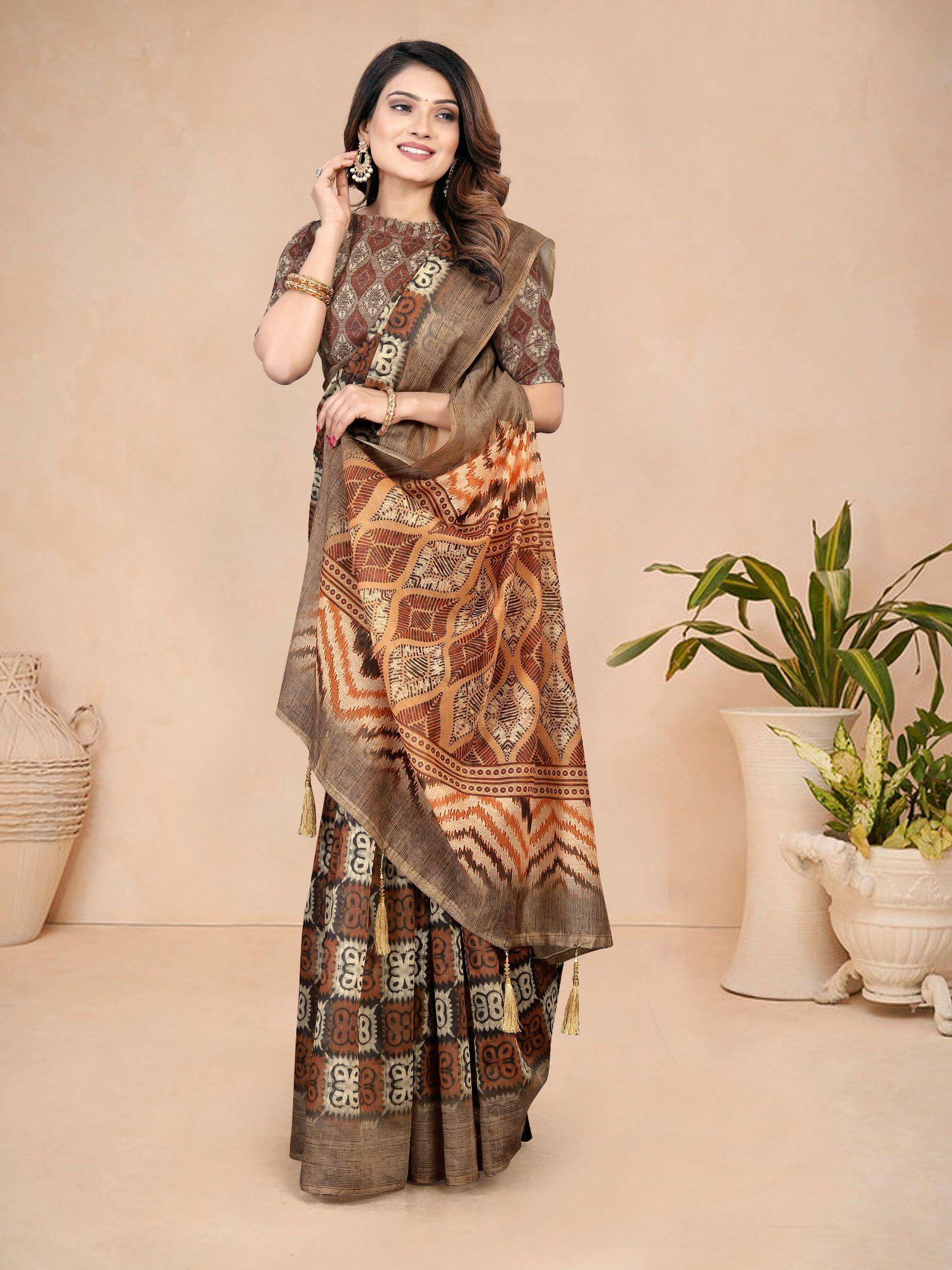 women new designer kalamkari printed cotton blend saree with unstitched blouse