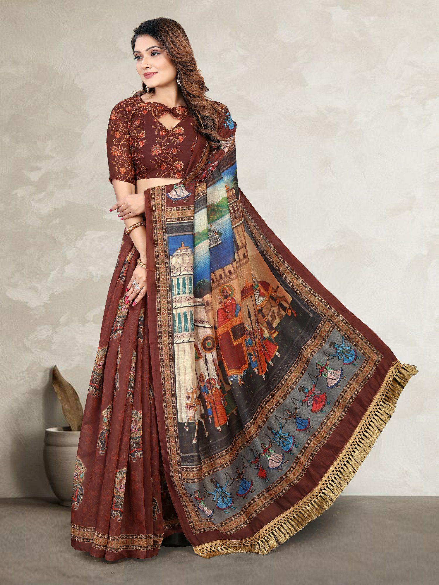 women new designer kalamkari printed cotton blend saree with unstitched blouse