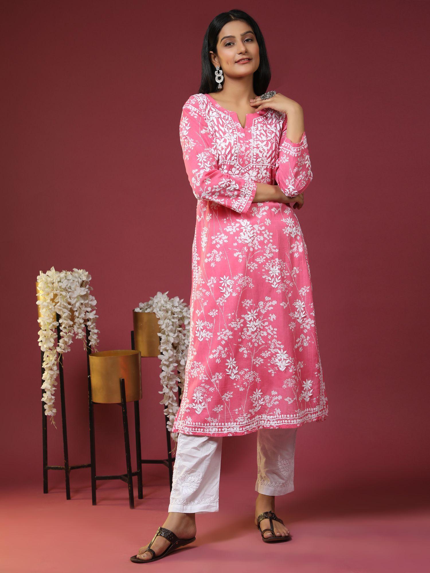 women notched neck floral printed thread work kurta