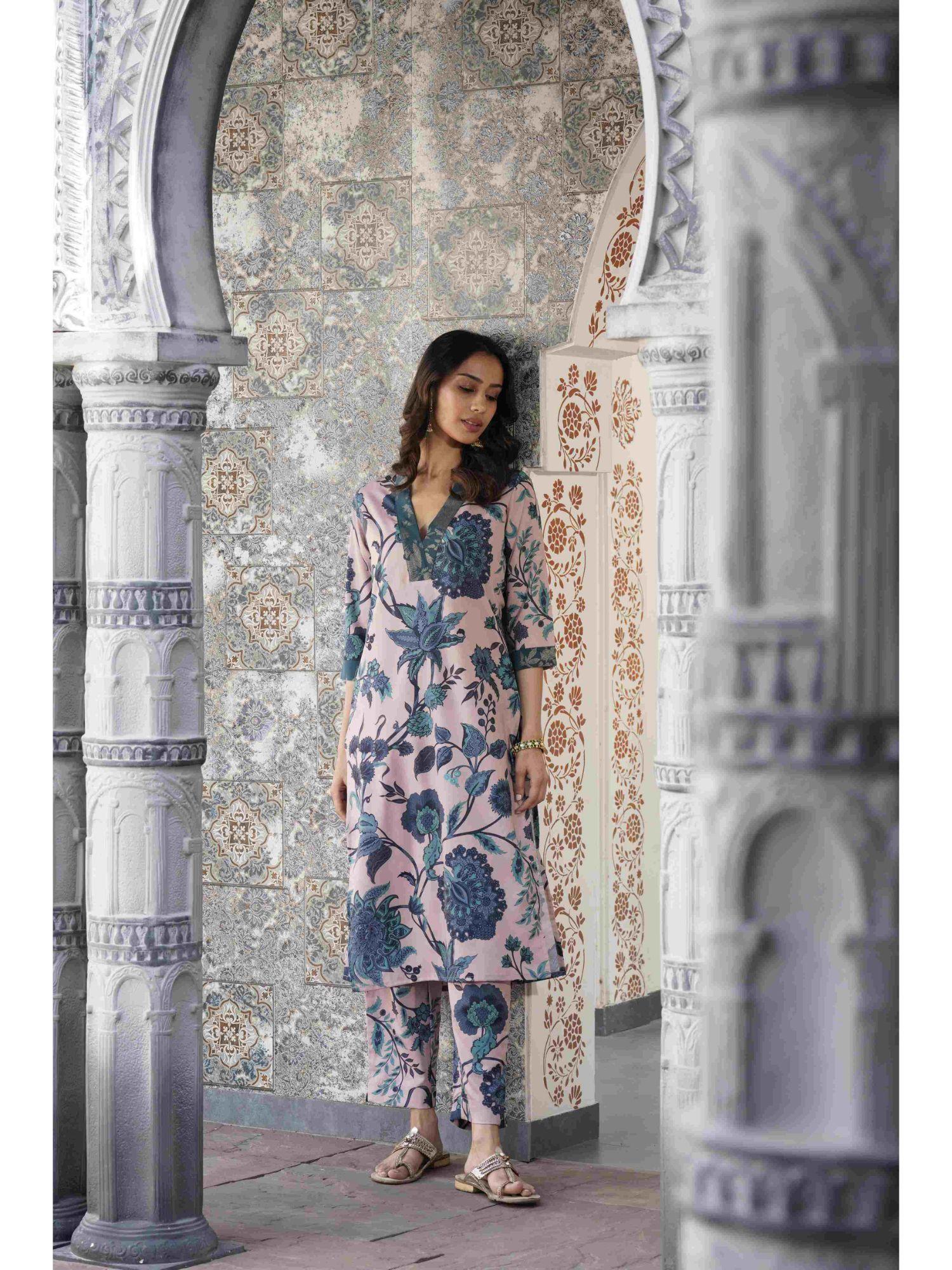 women nude floral printed kurta with trouser (set of 2)