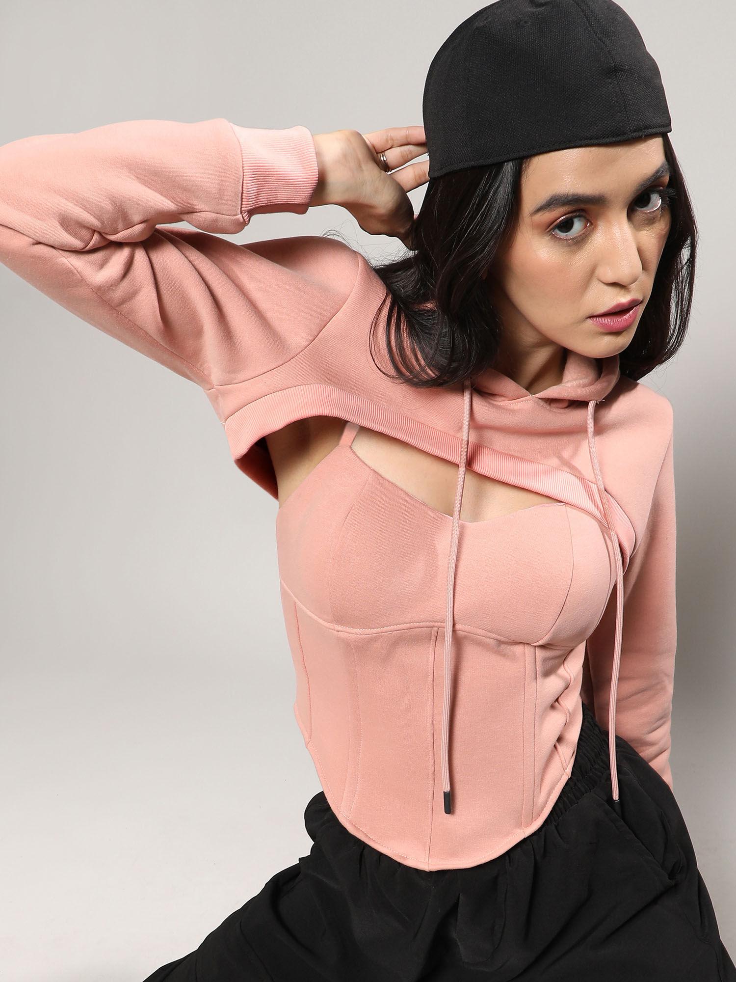 women nude pink corset top with ultra cropped hoodie (set of 2)