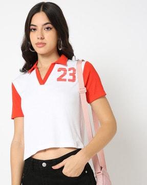 women numeric print relaxed fit polo t-shirt