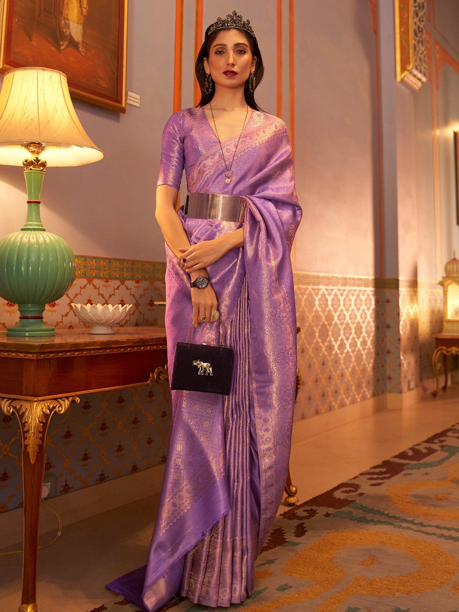 women nylon lavender woven design designer saree with blouse piece