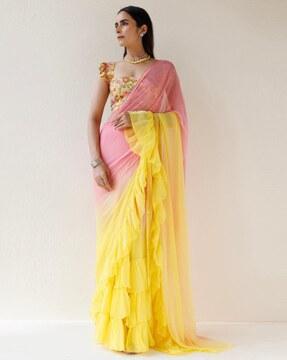 women obre-dyed saree with ruffled border