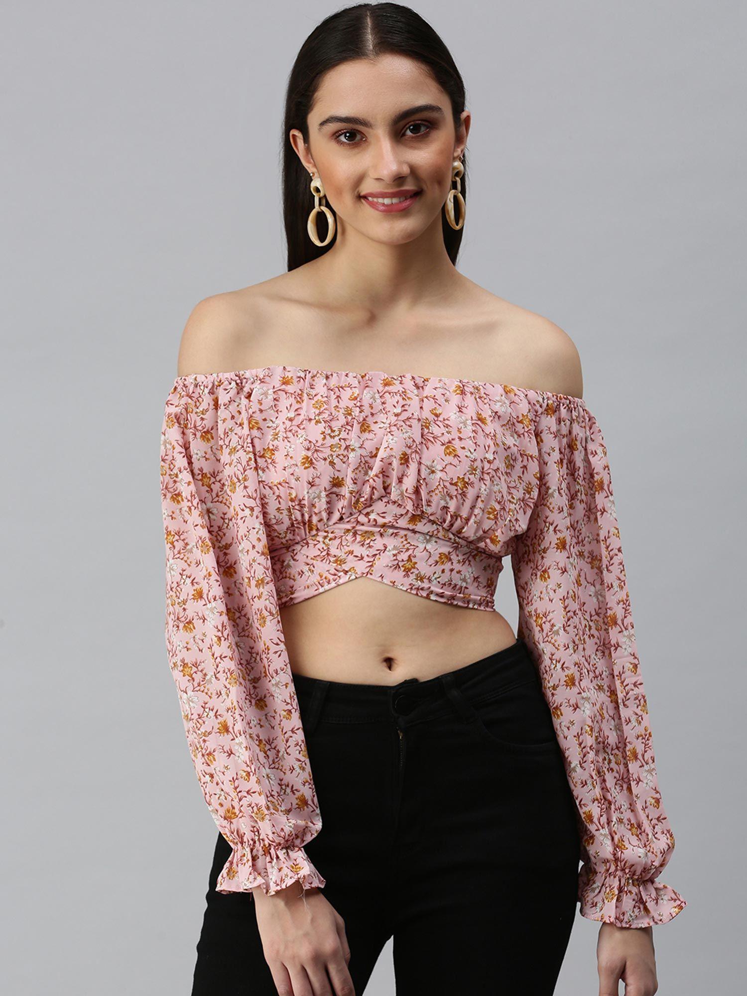 women off shoulder full sleeves floral pink crop top