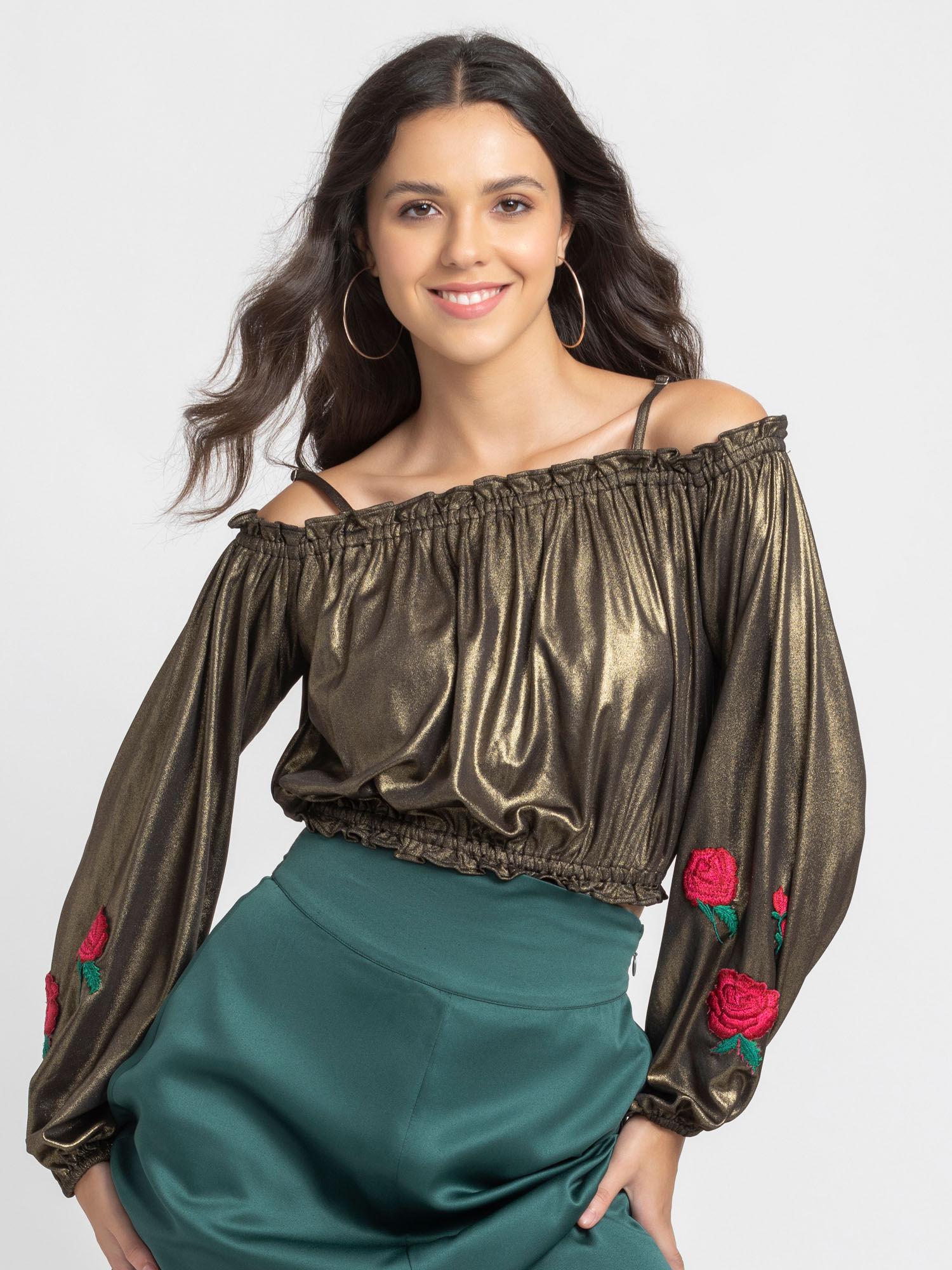 women off-shoulder golden bronze solid party top