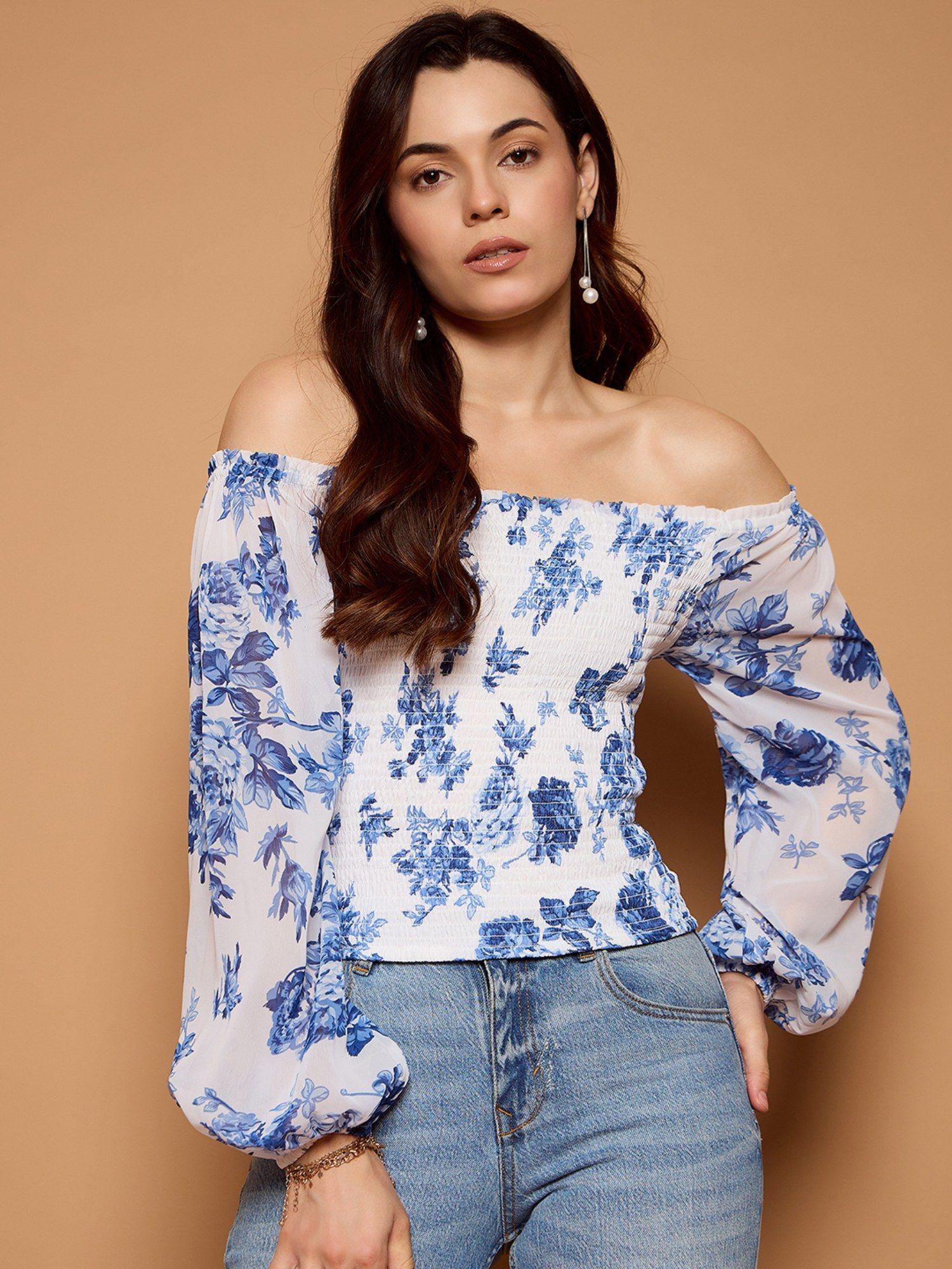 women off-shoulder smocked blue top