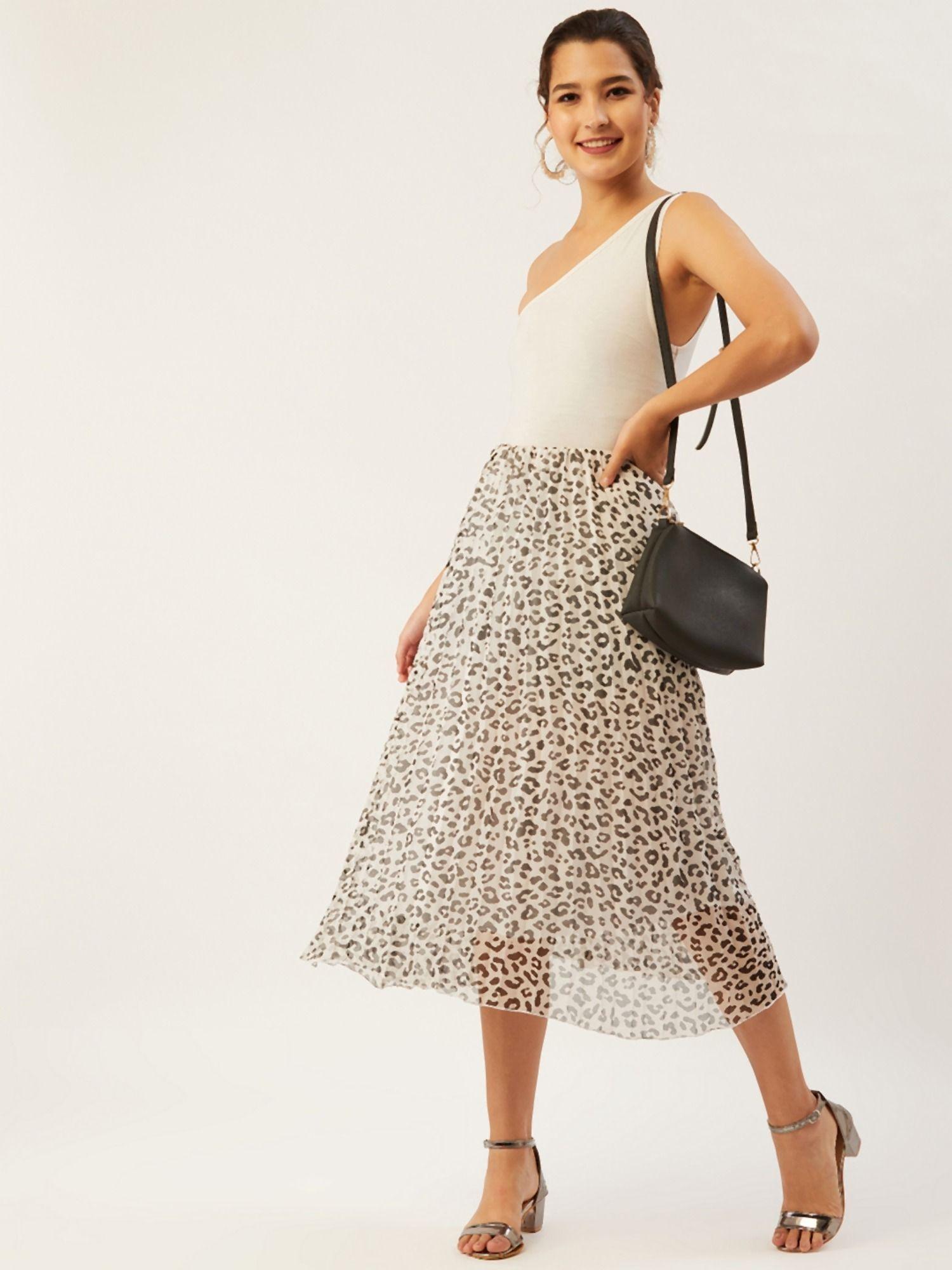 women off-white & black animal printed pleated a-line midi skirt