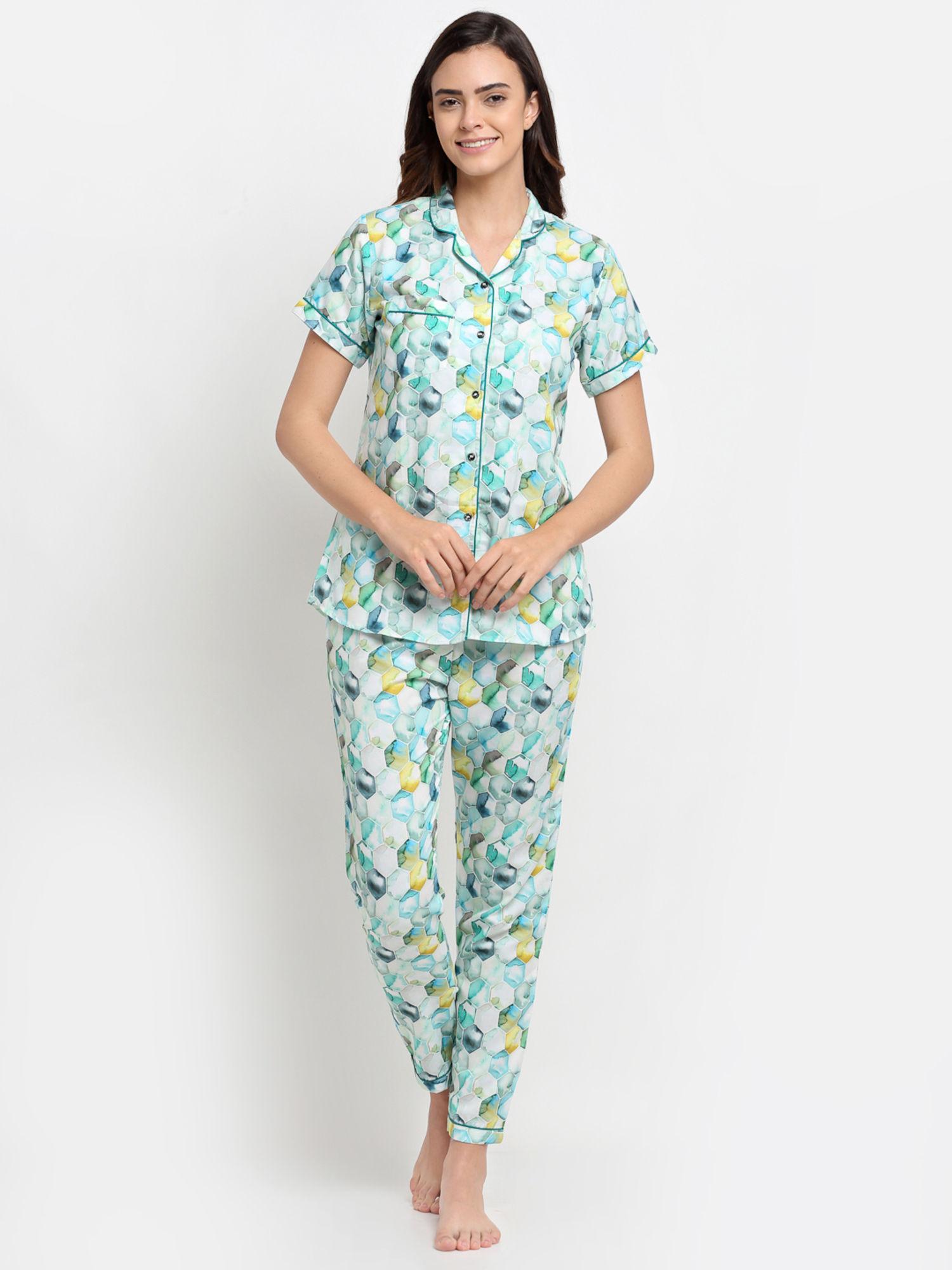 women off white & green printed pyjamas set