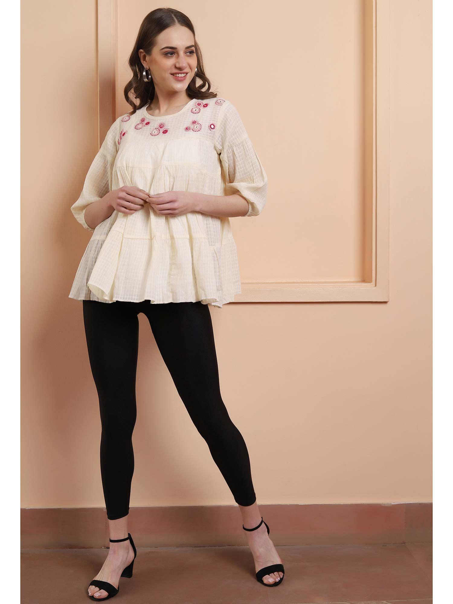 women off white & pink embroidered tunic