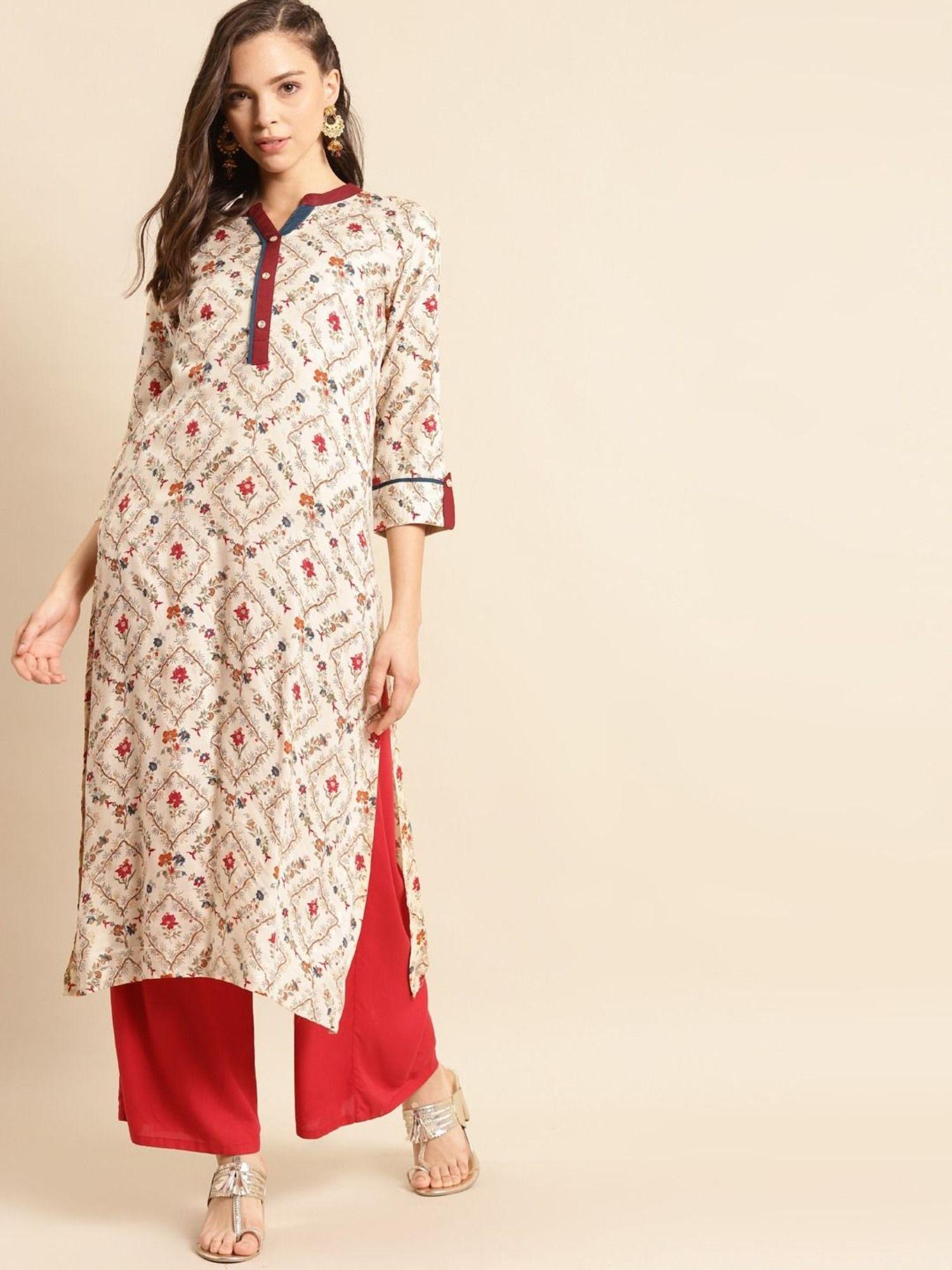 women off white & red foil print straight kurta