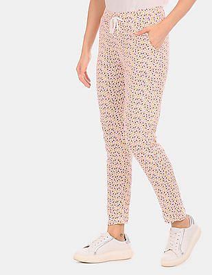 women off-white and pink drawstring waist printed lounge pants