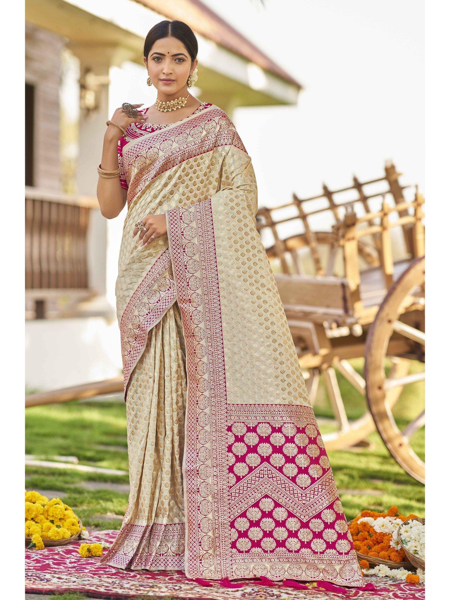 women off white and pink woven banarasi silk saree with unstitched blouse