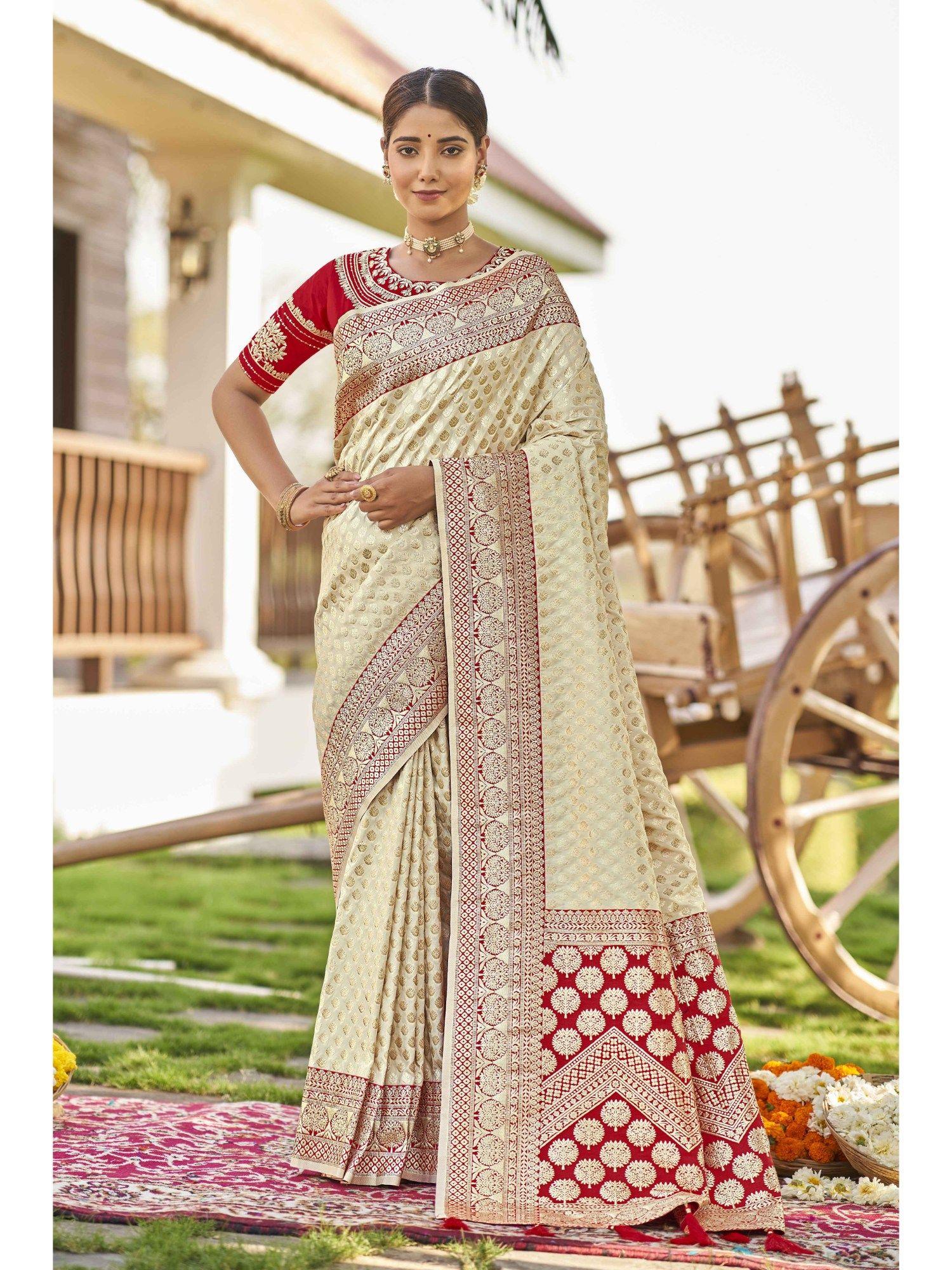 women off white and red woven banarasi silk saree with unstitched blouse