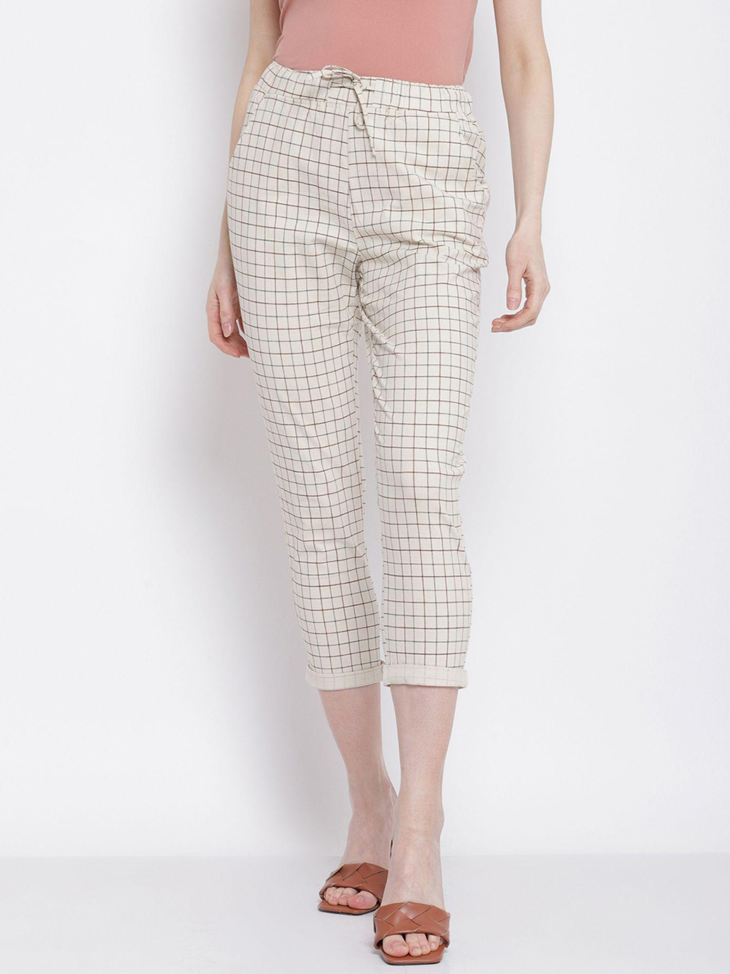 women off white brown trousery checks formal trouser