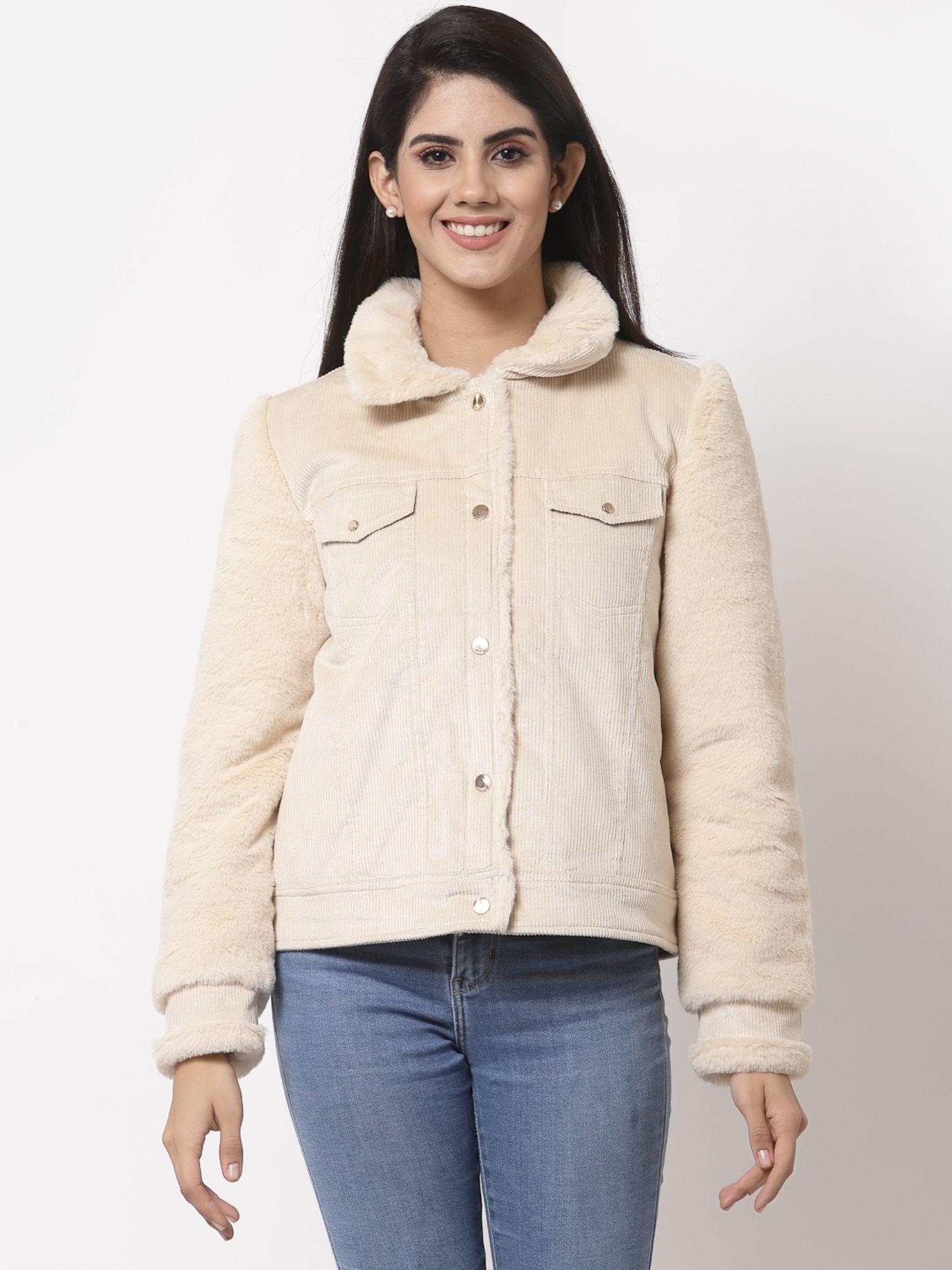 women off white collar neck corduroy winter padded jacket with detachable hood