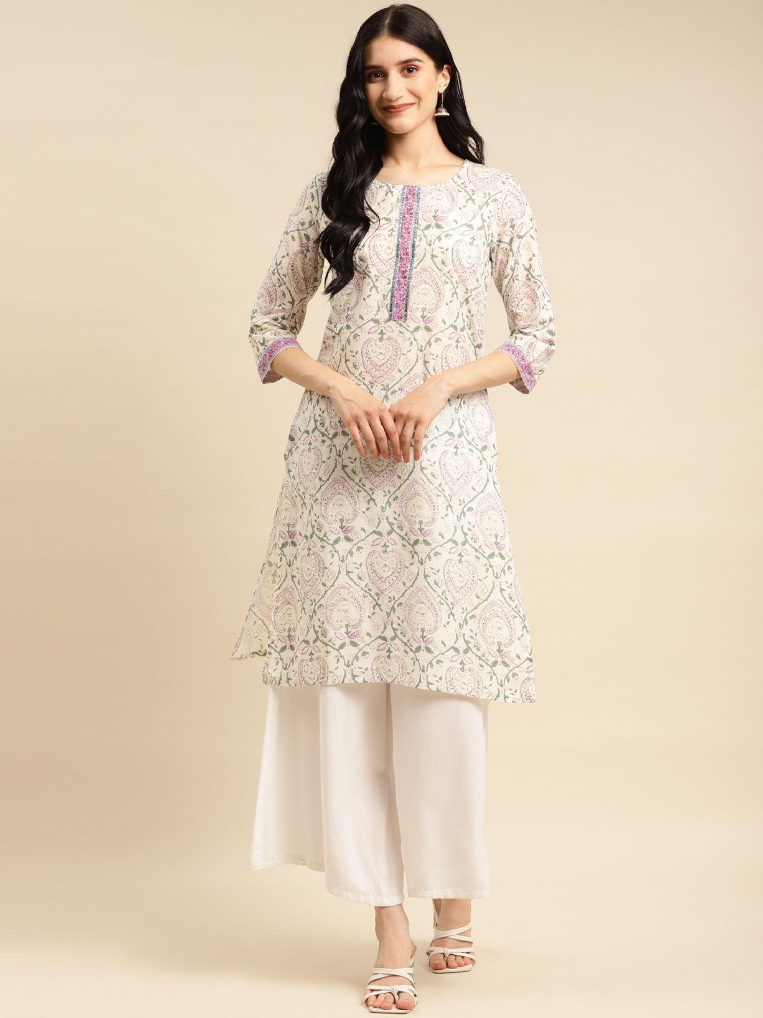 women off white contrast placket floral printed knee length straight kurta