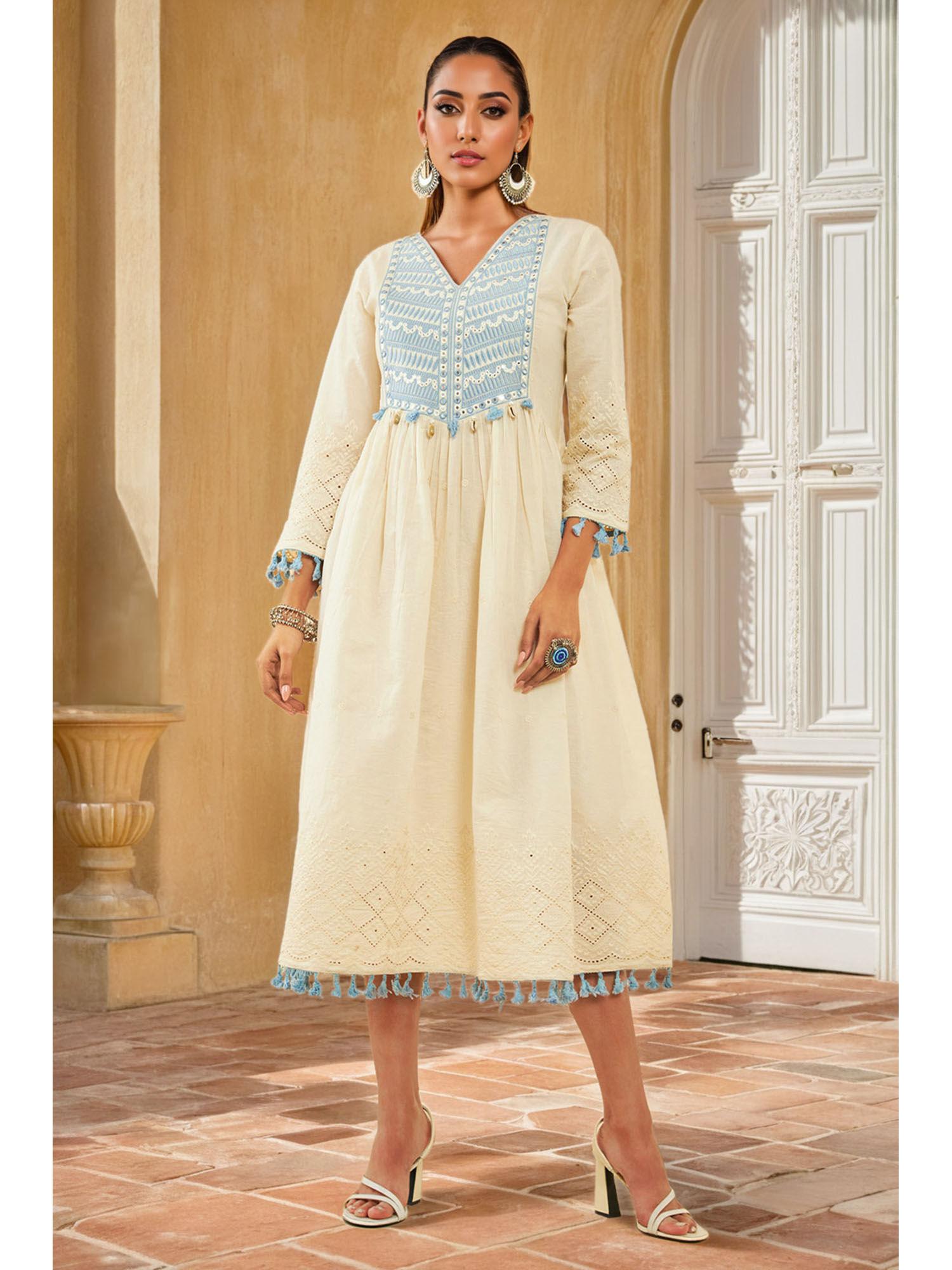 women off white cotton embroidered midi dress