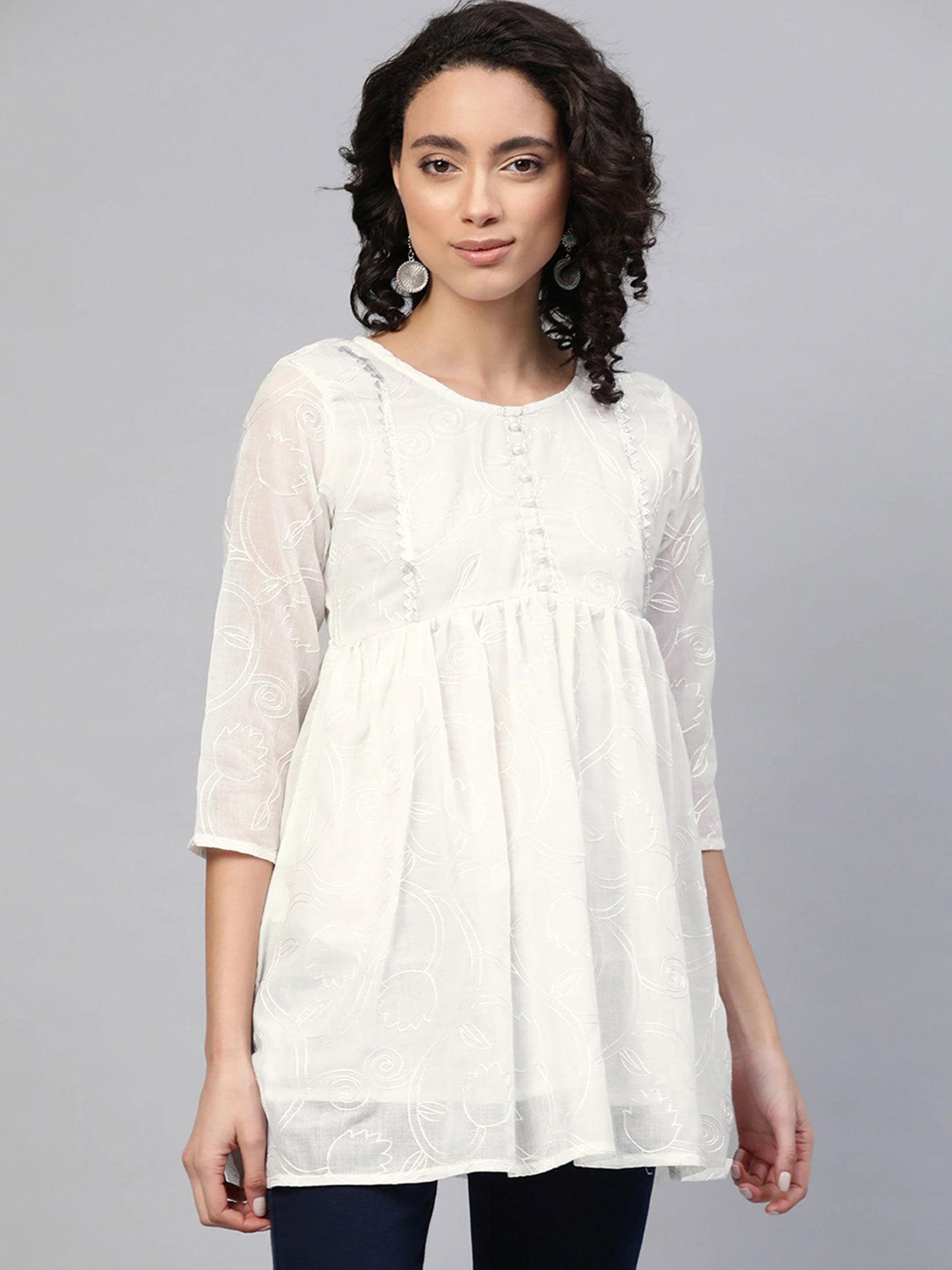 women off-white cotton embroidered tunic