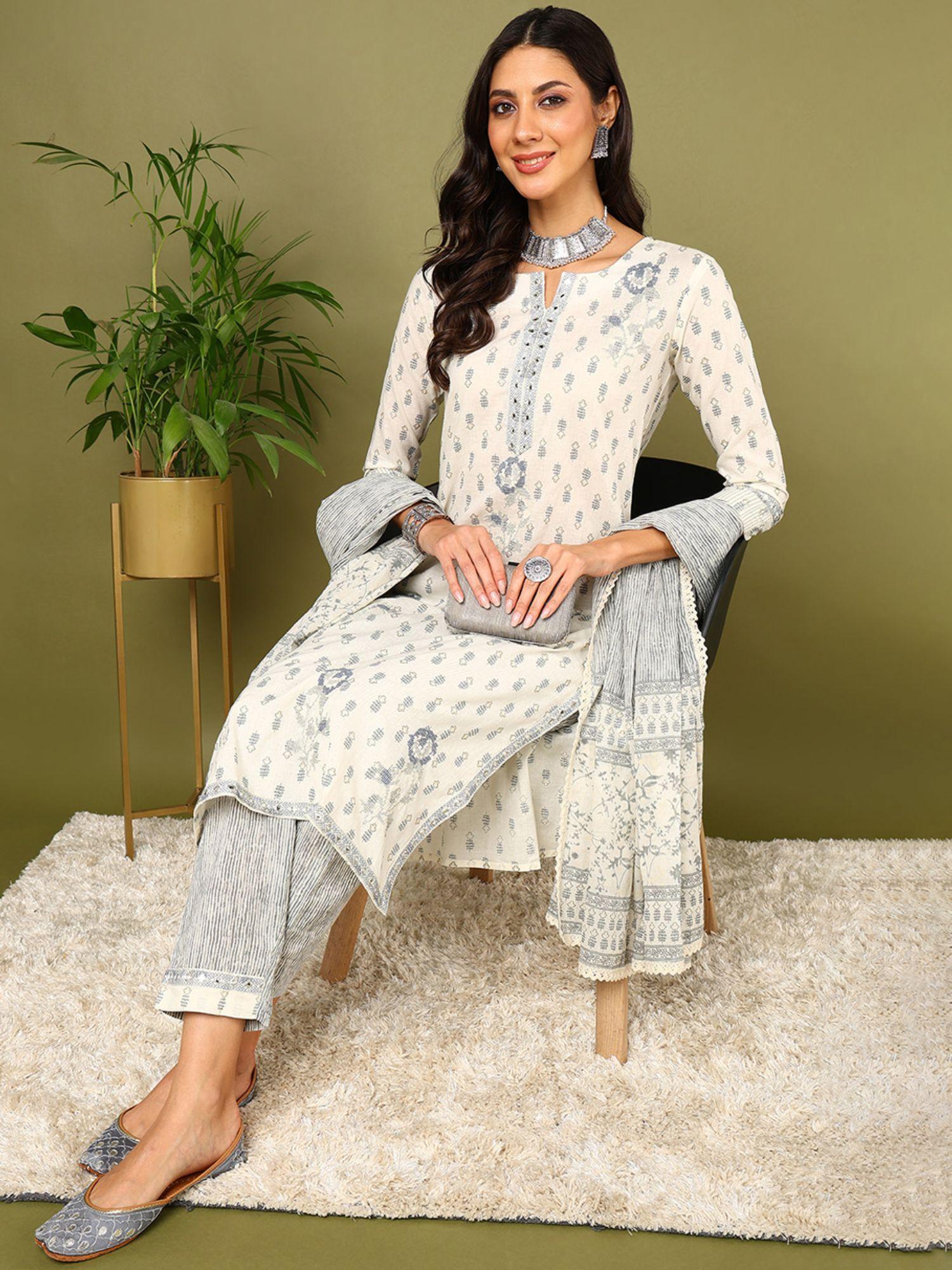 women off white cotton printed kurta trouser with dupatta (set of 3)