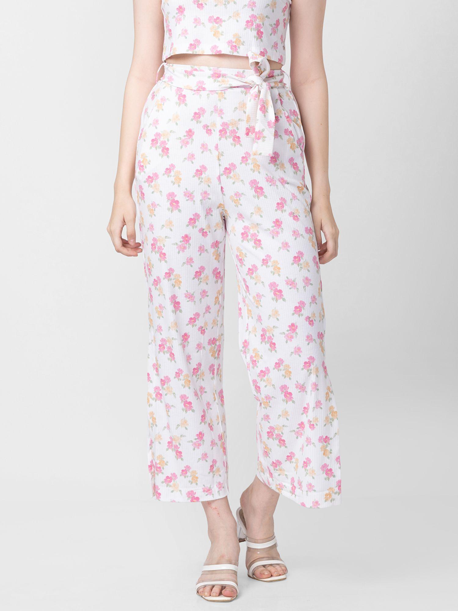 women off-white cotton regular fit floral print pant