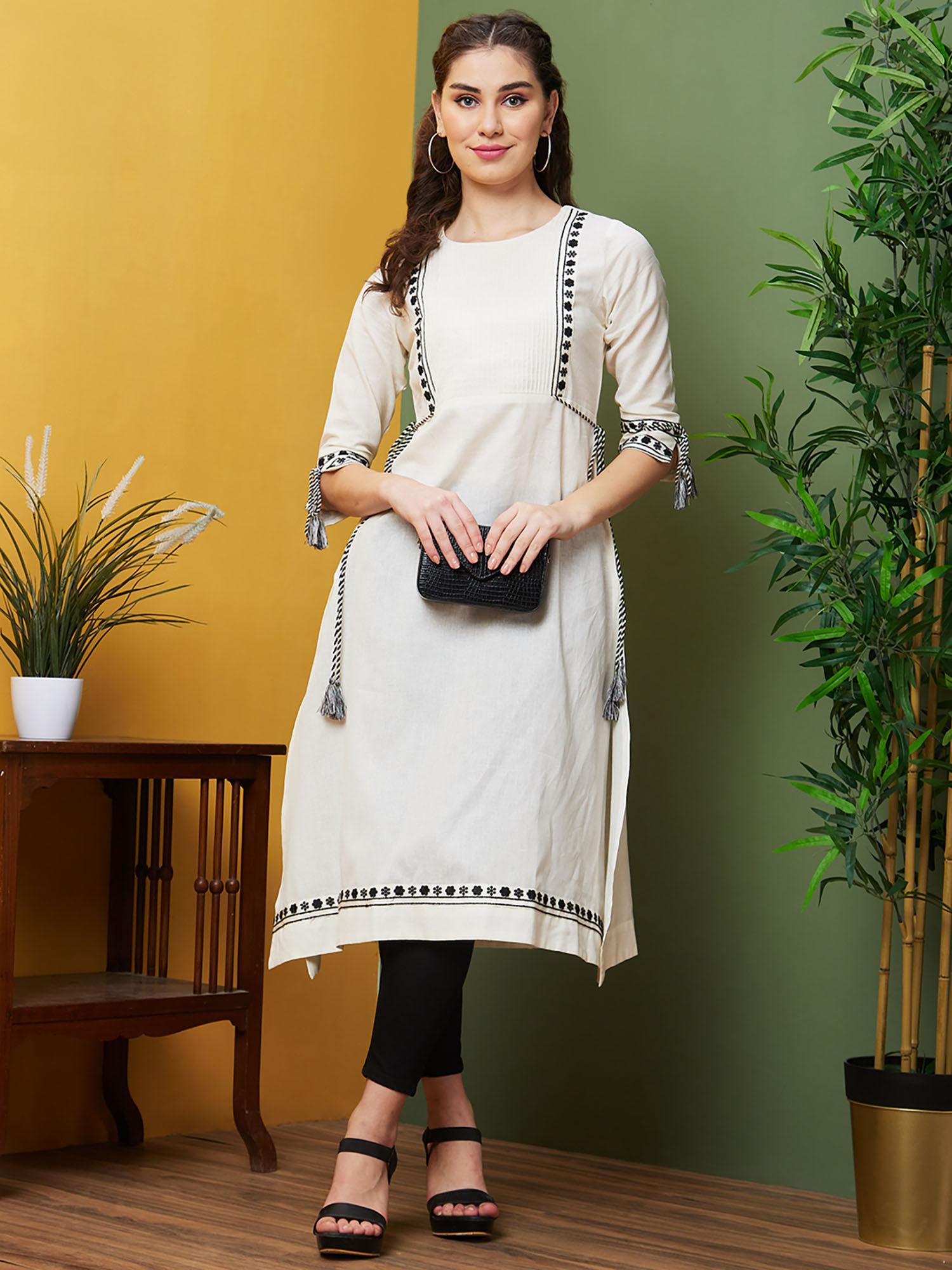 women off-white embroidered cotton daily wear round neck a-line kurta