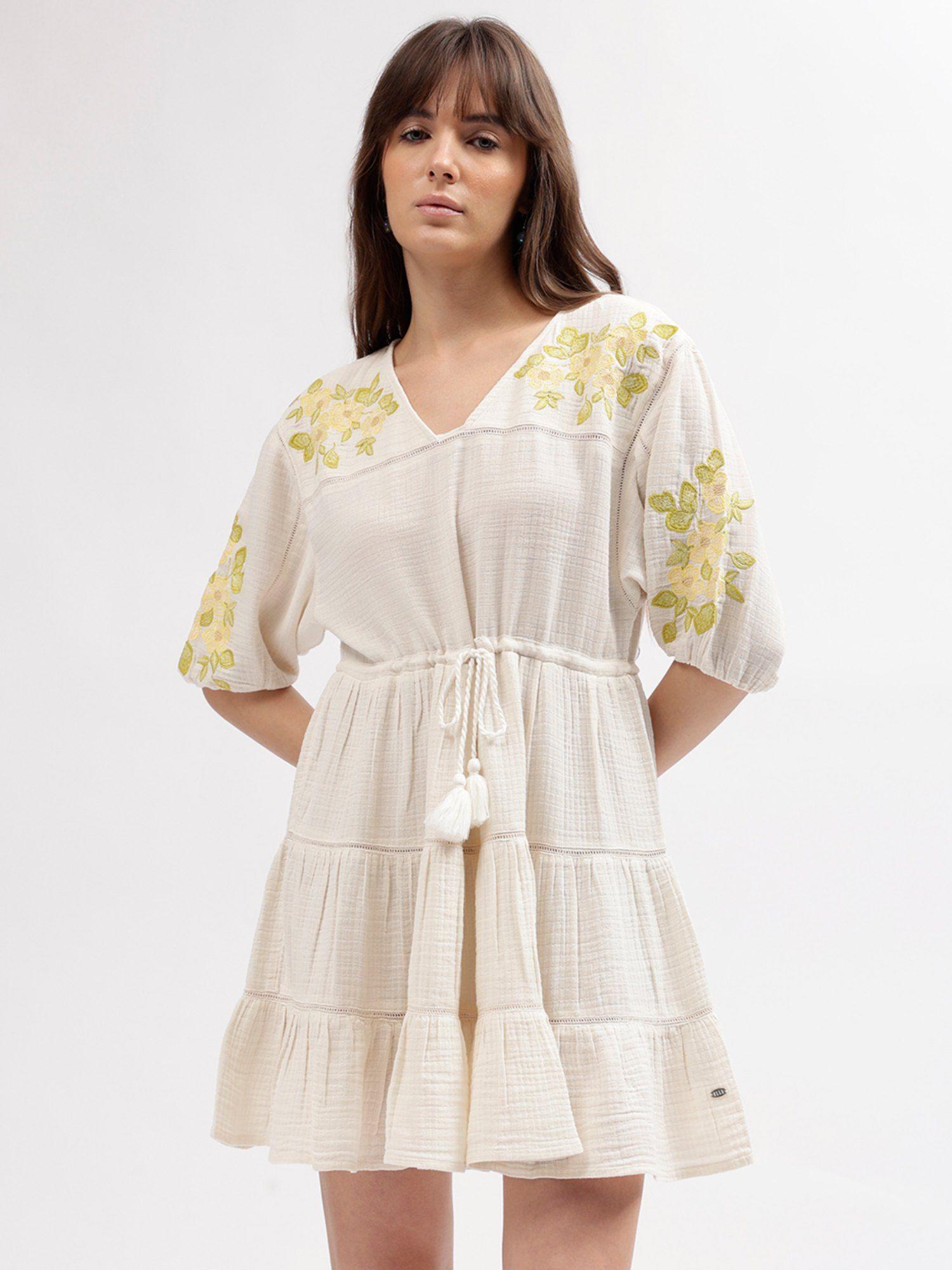 women off white embroidered v neck dress