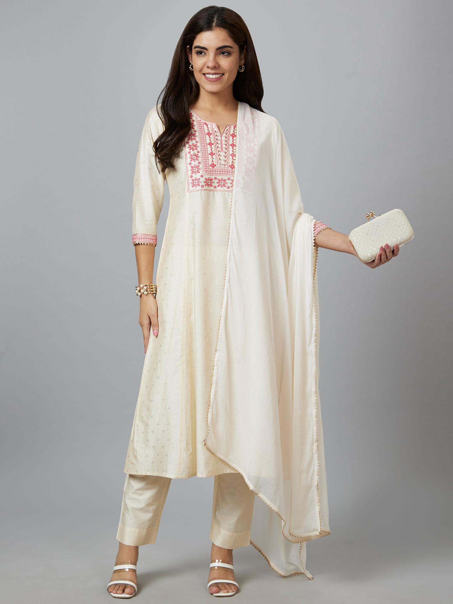 women off white embroidered yoke silver foil printed a-line kurta with narrow trousers & dupatta