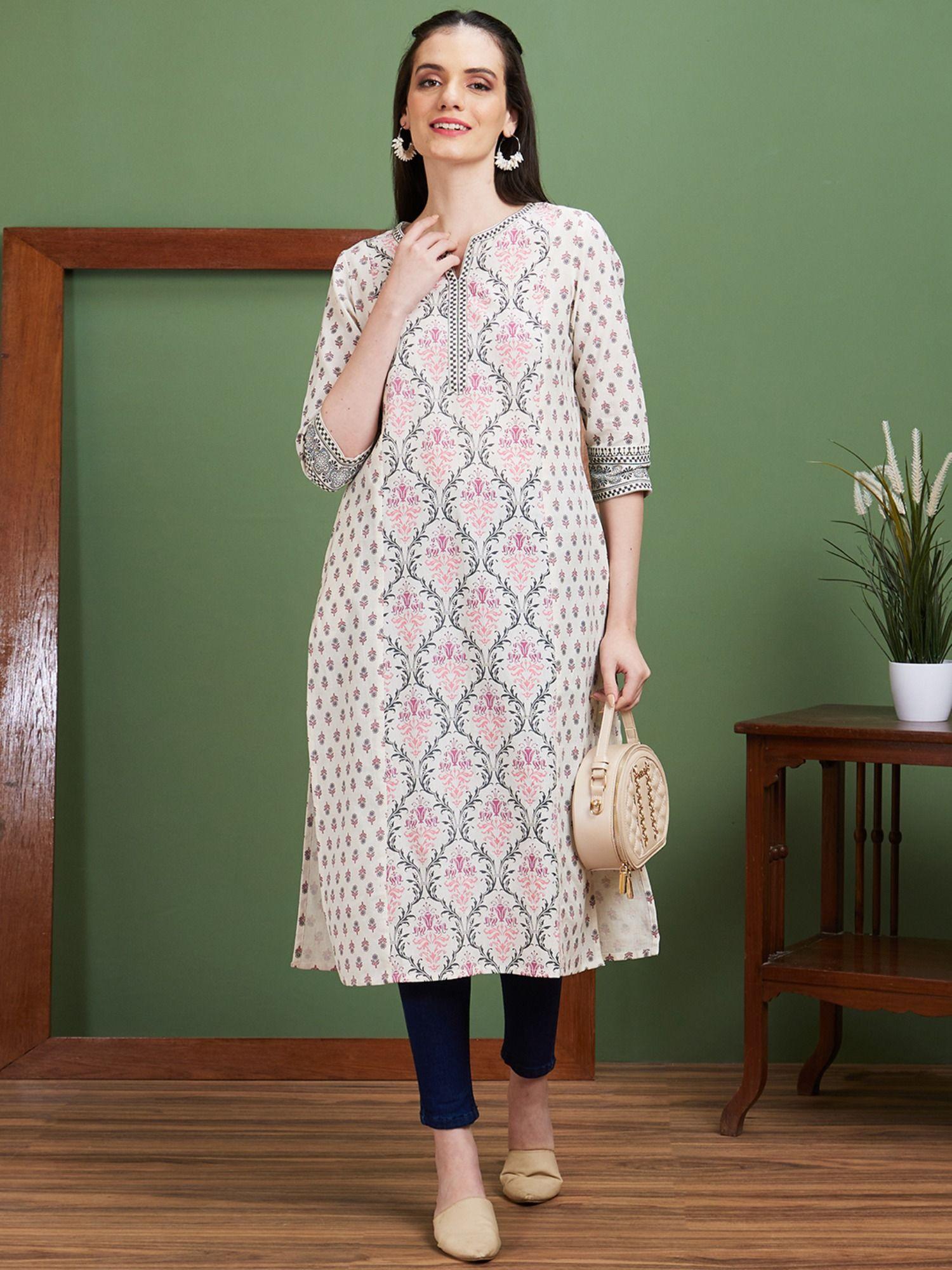 women off white ethnic motifs side slits panelled straight kurta