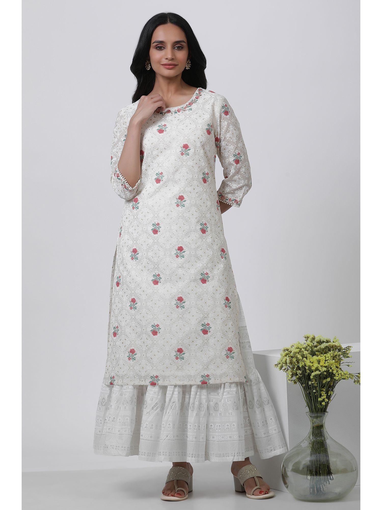 women off white festive floral print kota straight kurta