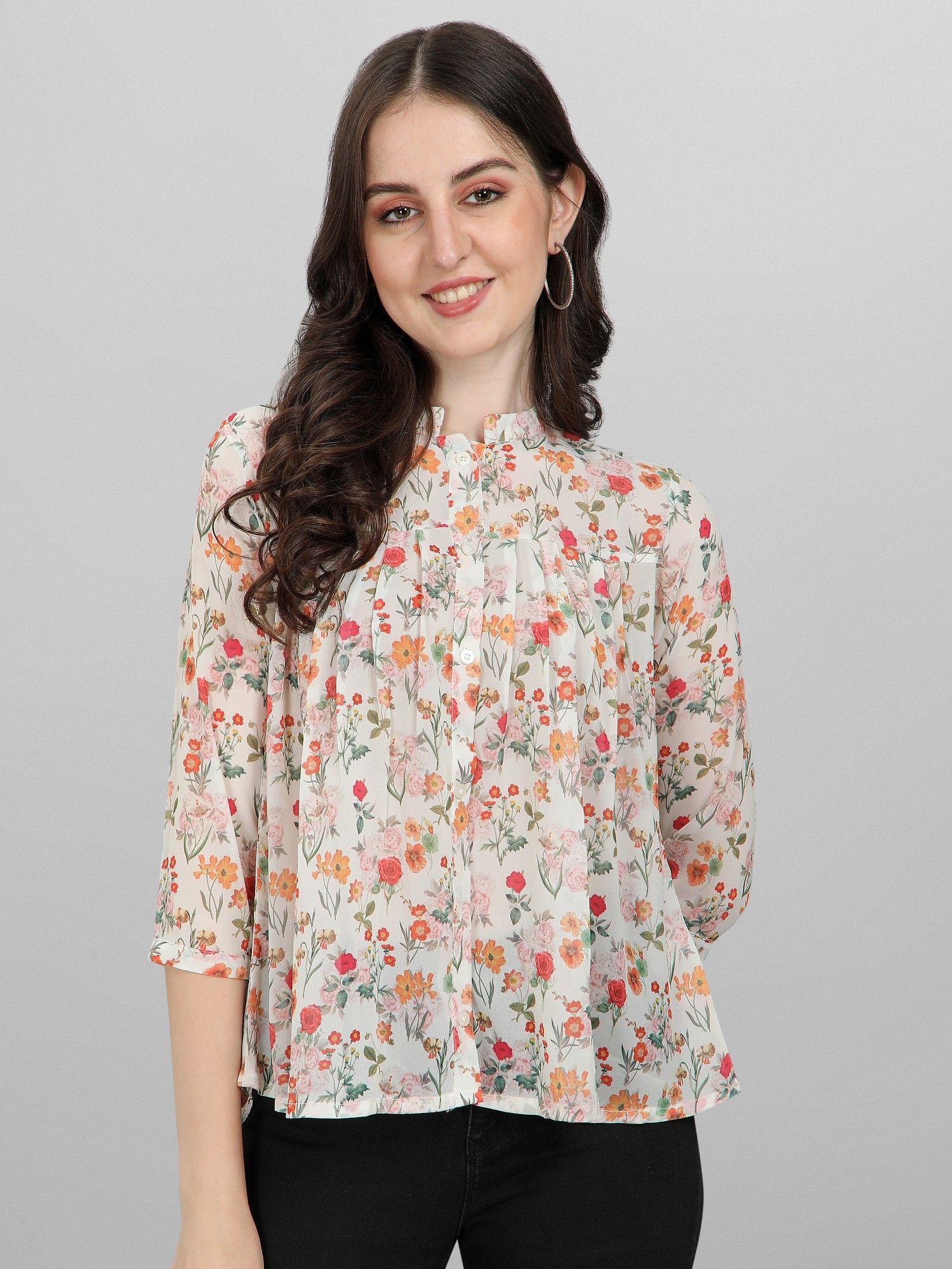 women off white floral print mandarin collar georgette shirt style top