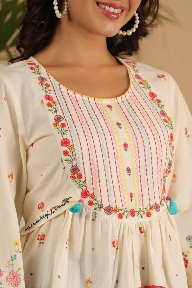 women off-white floral printed cotton peplum tunic with thread embroidery