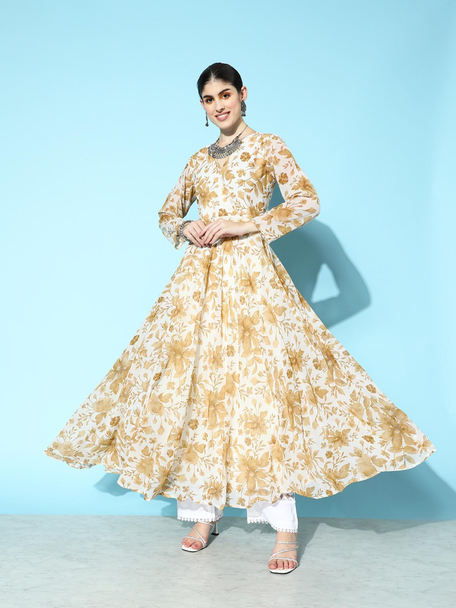 women off white floral printed full sleeves angrakha style kurta